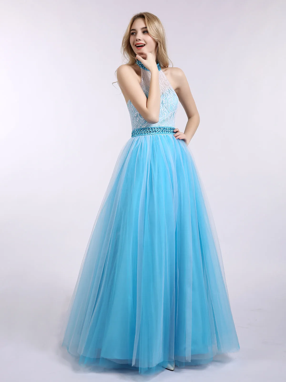 Illusion High Neck Lace and Tulle Dress-Jade