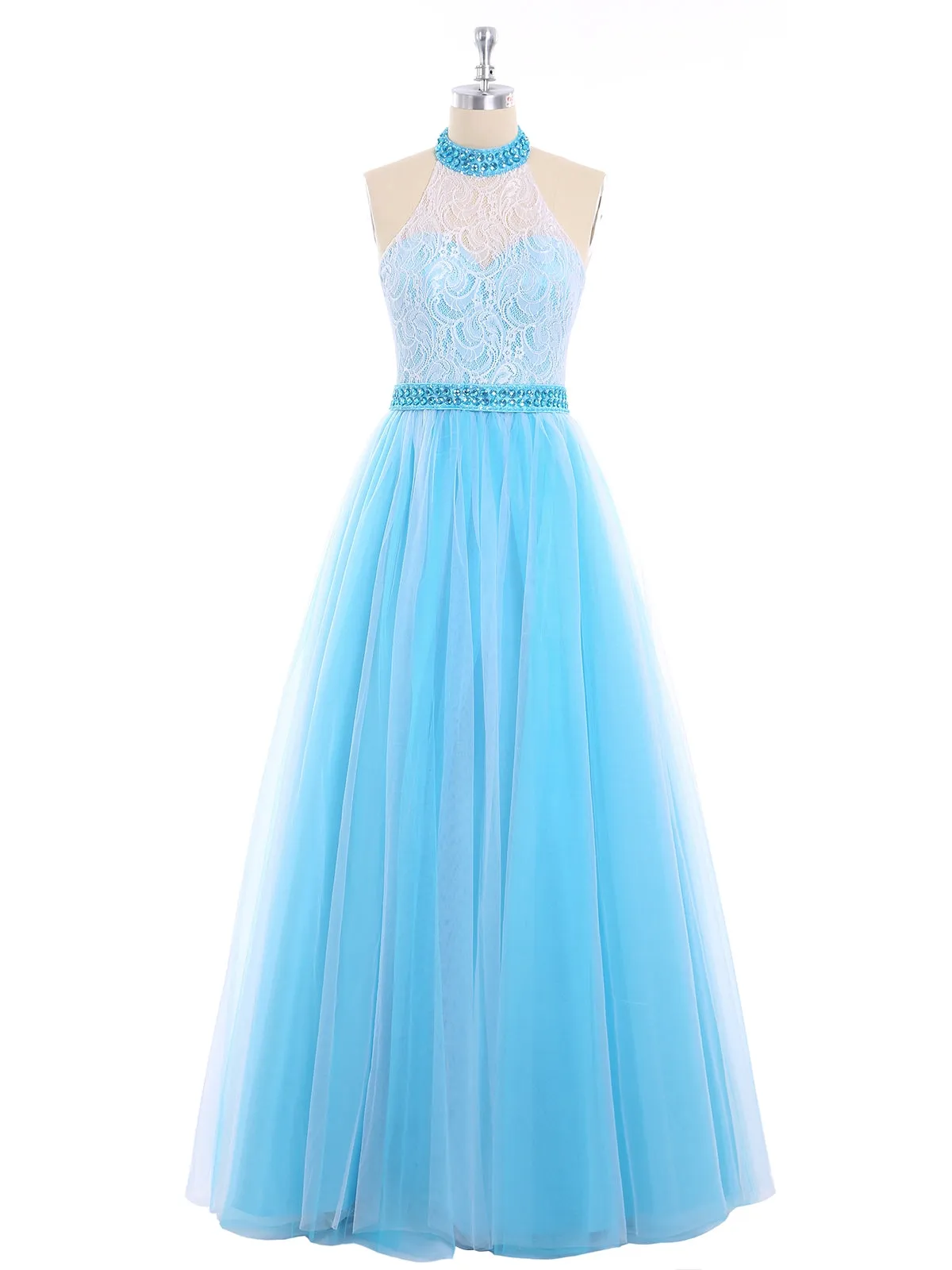 Illusion High Neck Lace and Tulle Dress-Jade