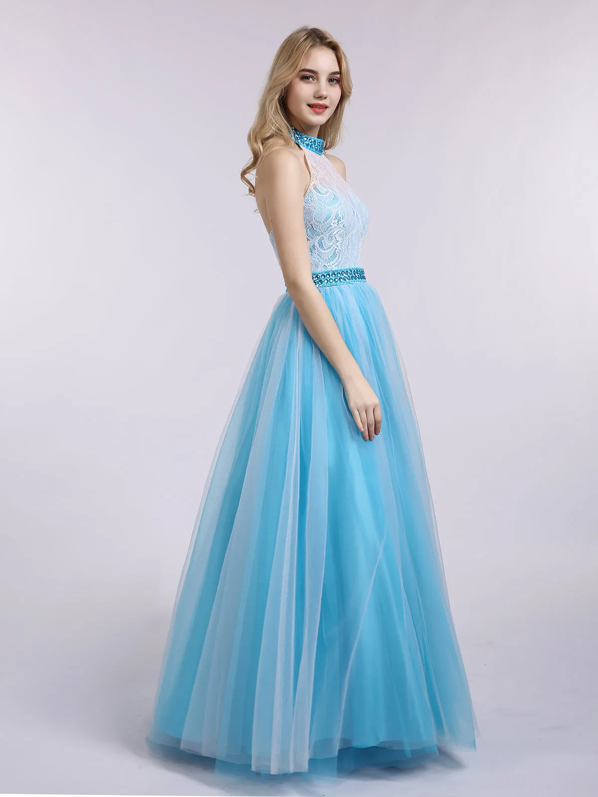 Illusion High Neck Lace and Tulle Dress-Jade