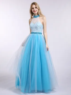 Illusion High Neck Lace and Tulle Dress-Jade