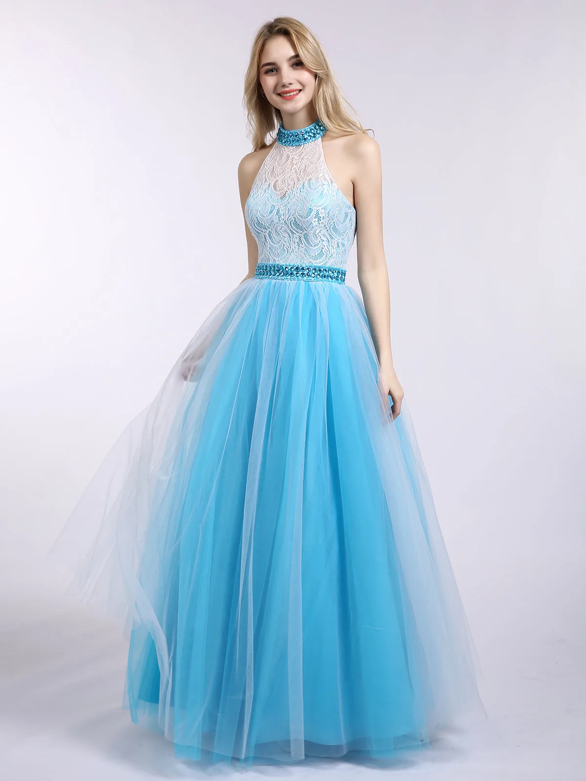 Illusion High Neck Lace and Tulle Dress-Jade