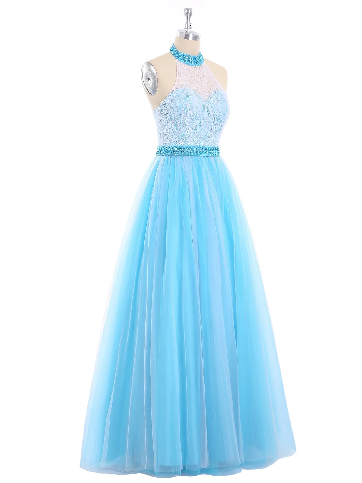 Illusion High Neck Lace and Tulle Dress-Jade
