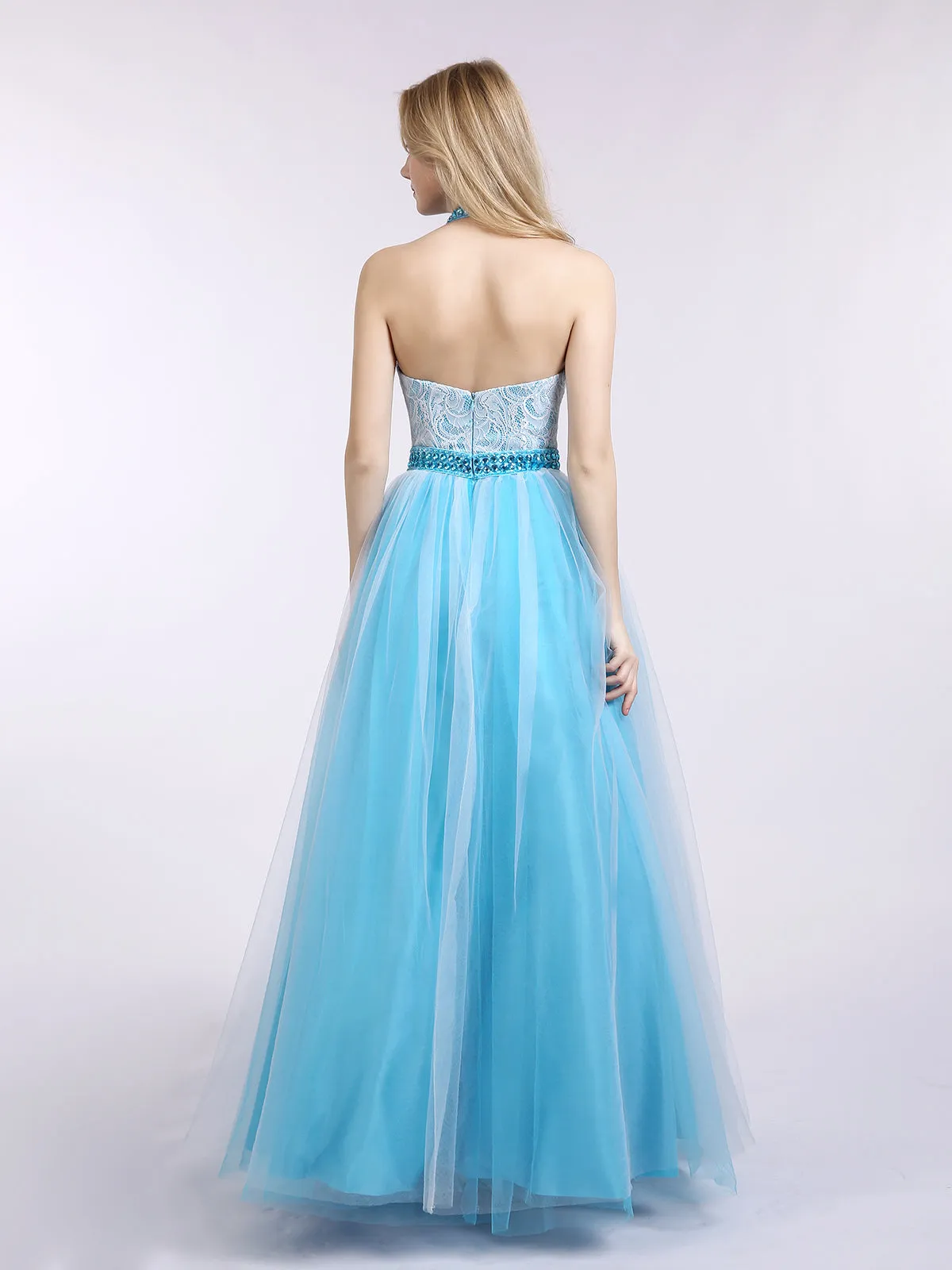 Illusion High Neck Lace and Tulle Dress-Jade