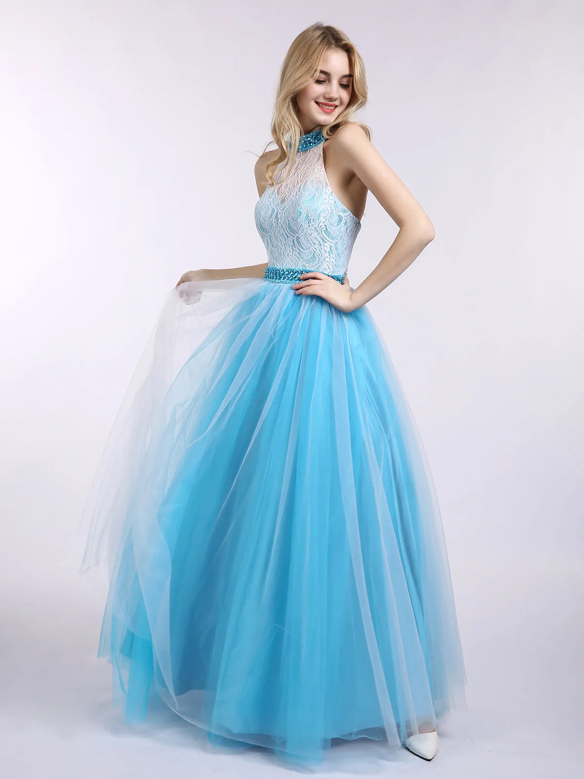 Illusion High Neck Lace and Tulle Dress-Jade