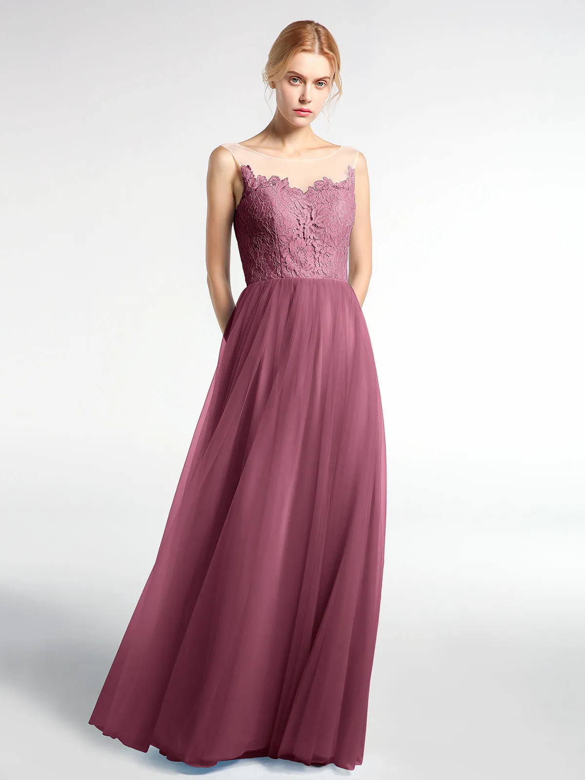 Illusion Neckline Lace and Tulle Maxi Dress-Mulberry