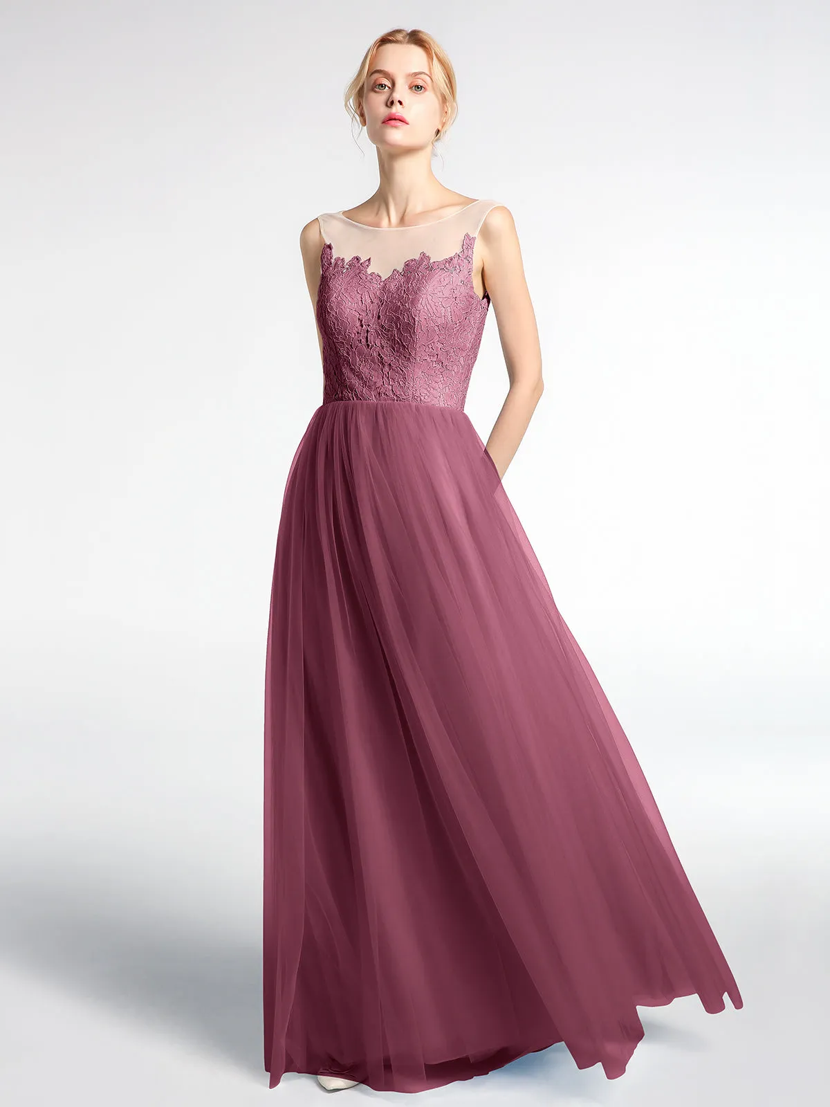 Illusion Neckline Lace and Tulle Maxi Dress-Mulberry