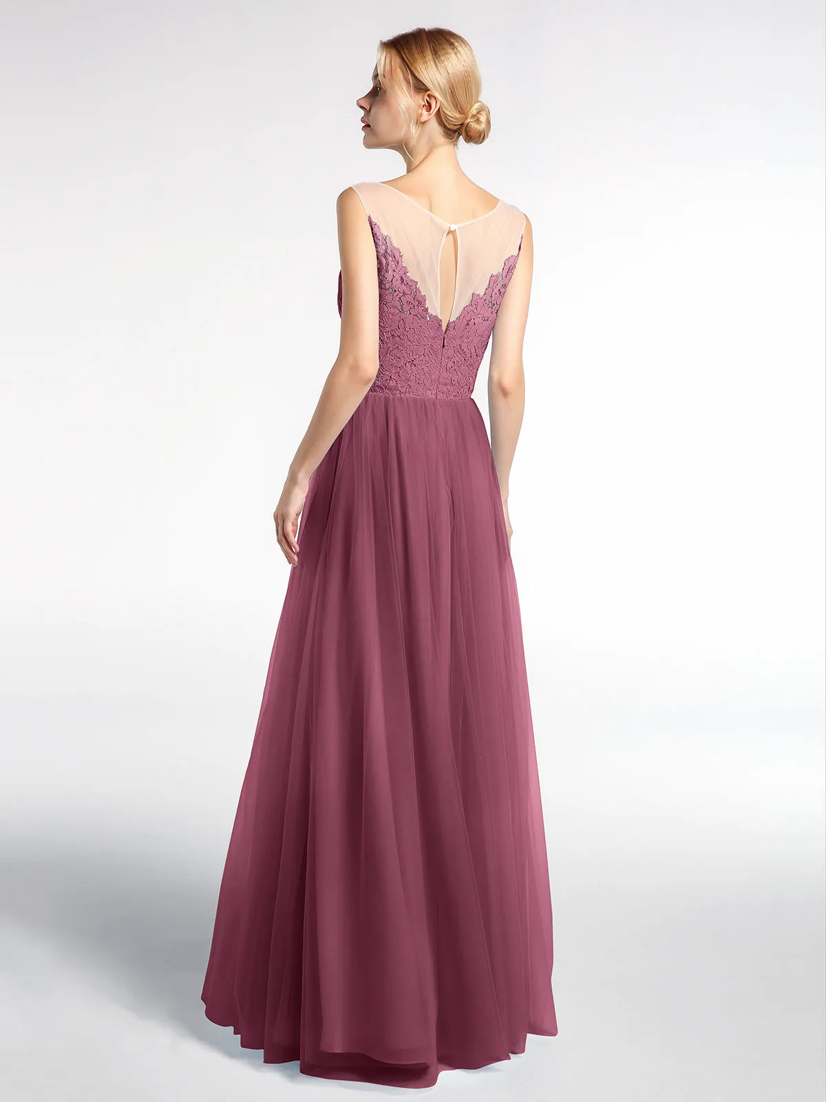 Illusion Neckline Lace and Tulle Maxi Dress-Mulberry