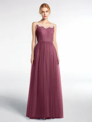 Illusion Neckline Lace and Tulle Maxi Dress-Mulberry