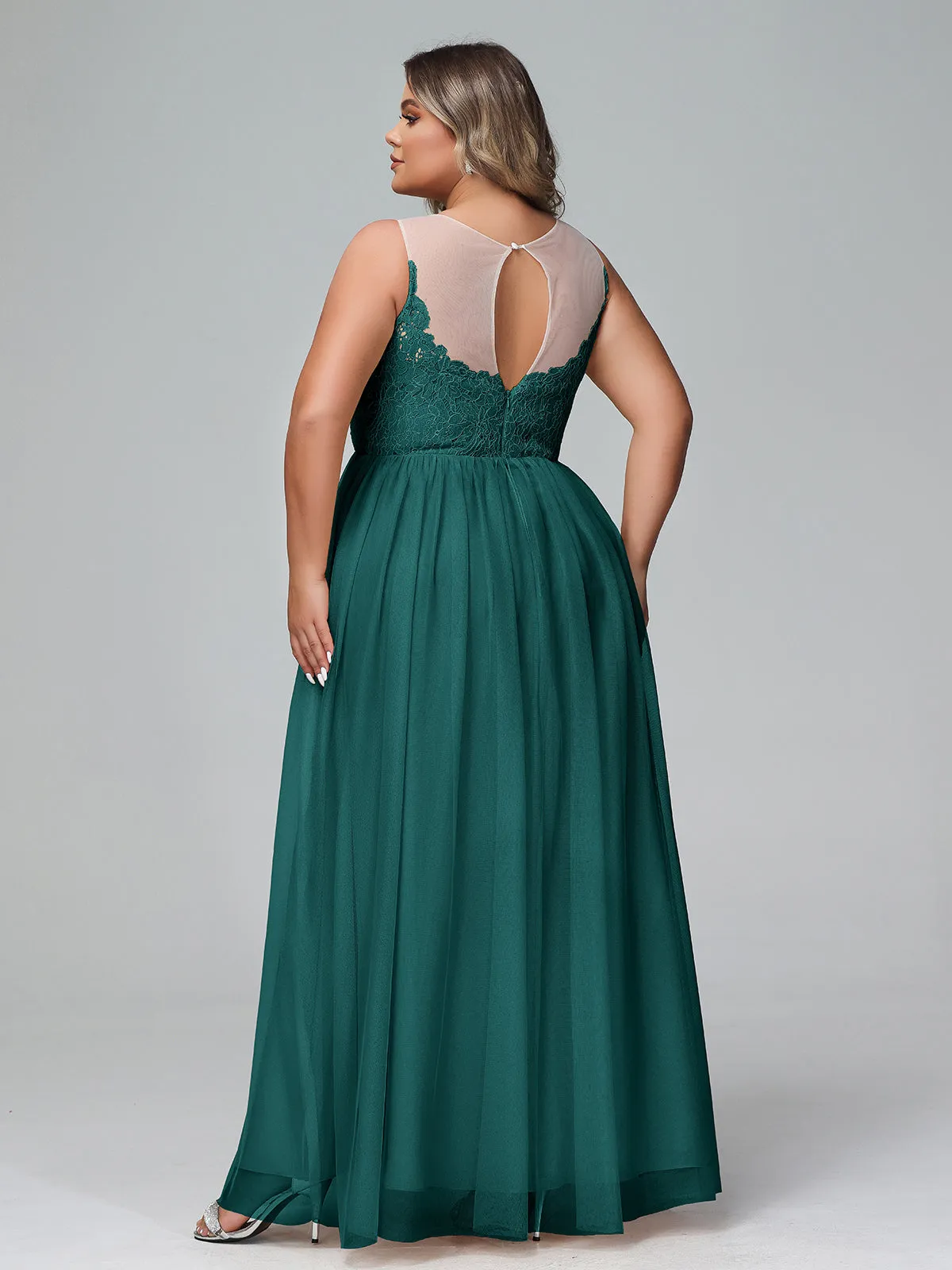 Illusion Neckline Lace and Tulle Maxi Dress-Peacock Plus Size