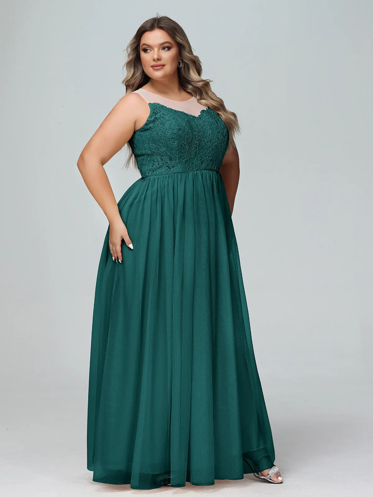 Illusion Neckline Lace and Tulle Maxi Dress-Peacock Plus Size