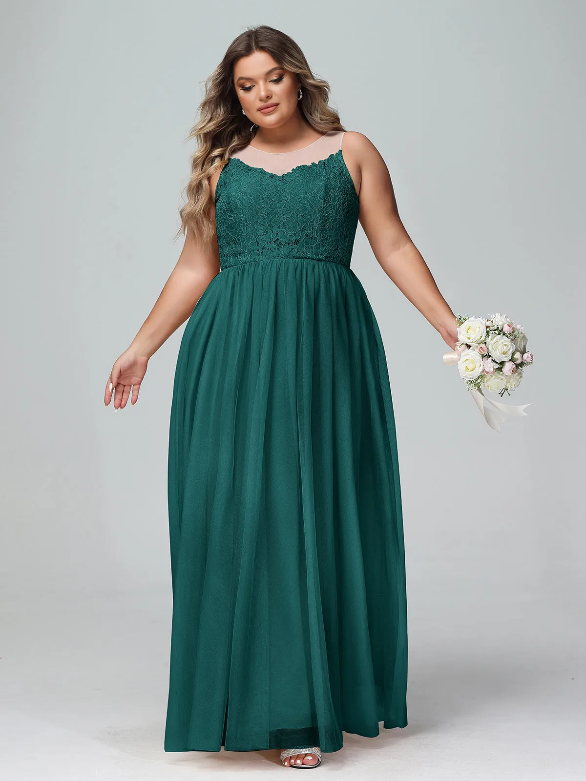 Illusion Neckline Lace and Tulle Maxi Dress-Peacock Plus Size