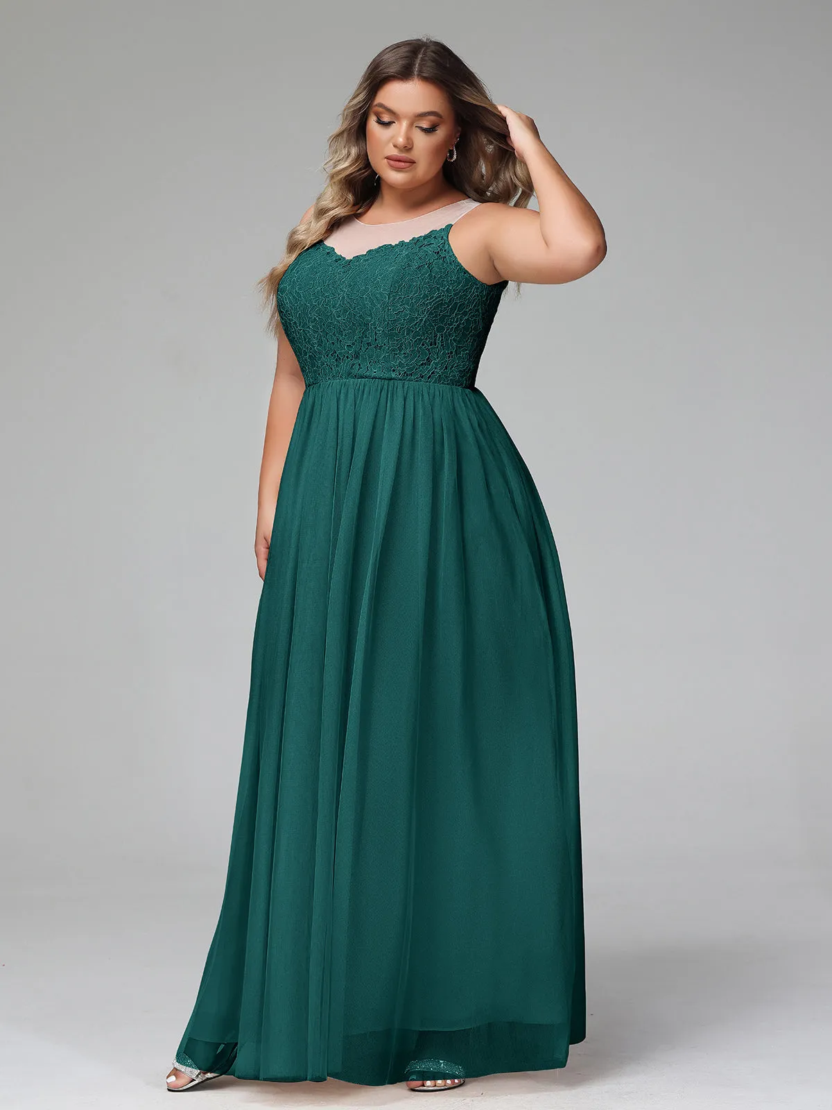 Illusion Neckline Lace and Tulle Maxi Dress-Peacock Plus Size