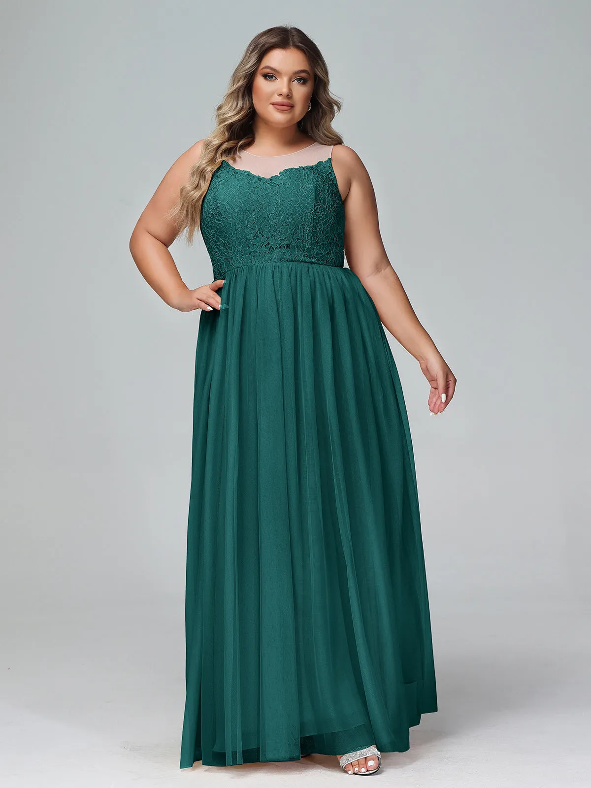 Illusion Neckline Lace and Tulle Maxi Dress-Peacock Plus Size