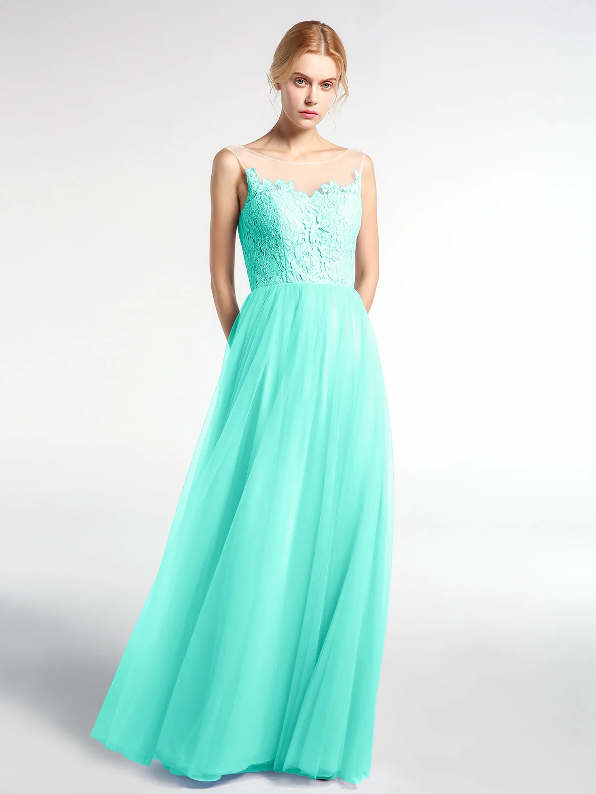 Illusion Neckline Lace and Tulle Maxi Dress-Spa