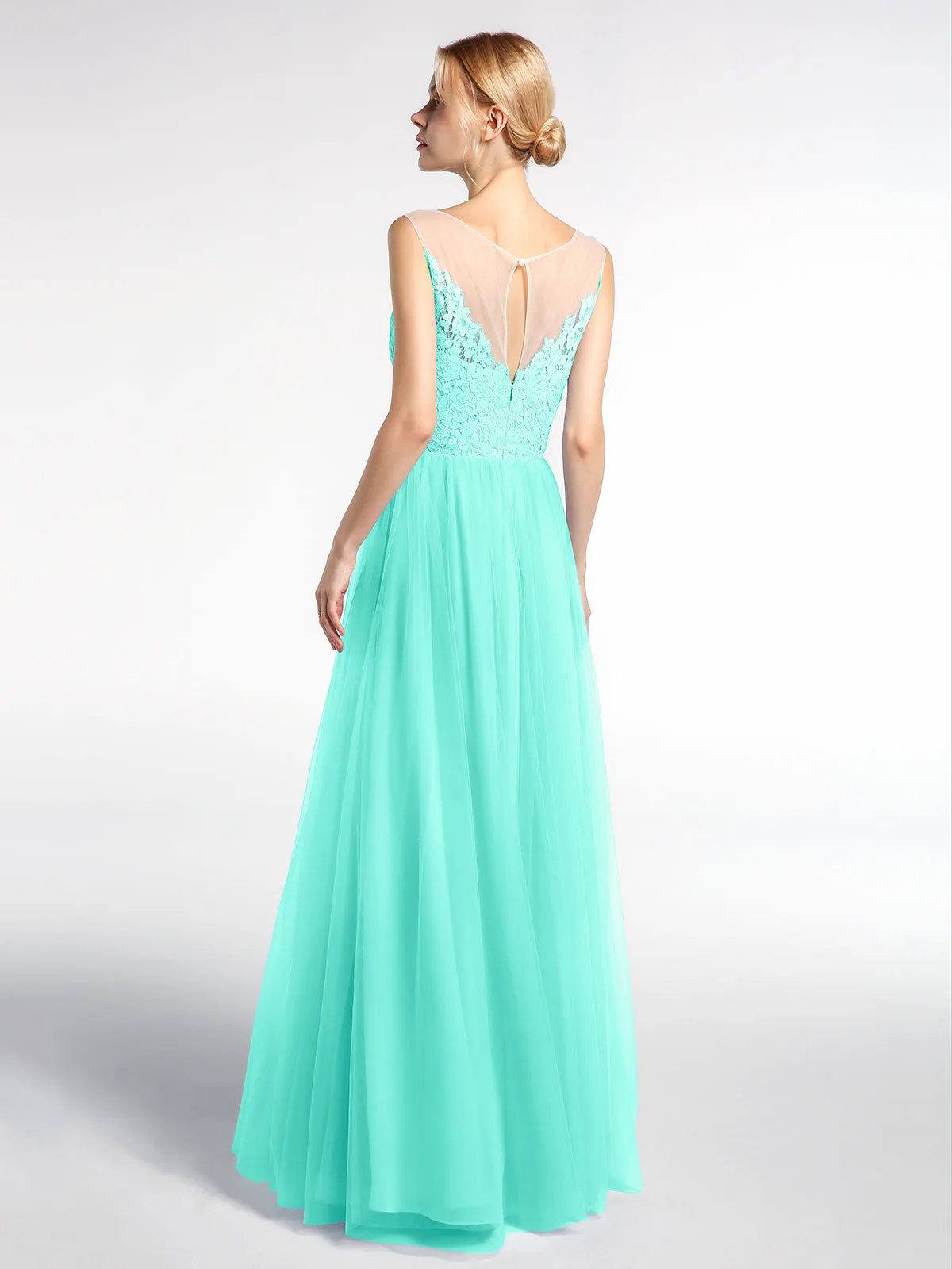 Illusion Neckline Lace and Tulle Maxi Dress-Spa