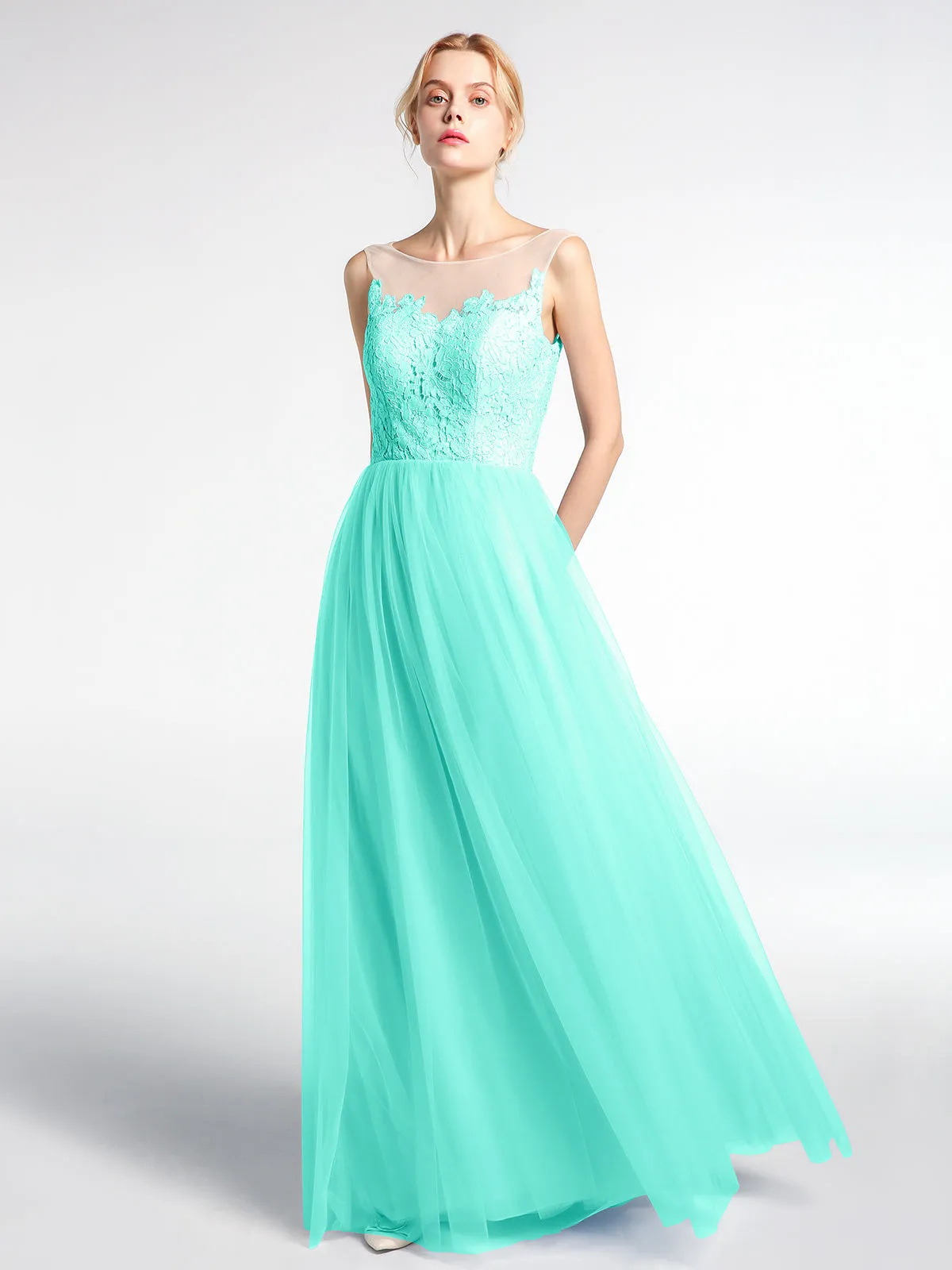 Illusion Neckline Lace and Tulle Maxi Dress-Spa