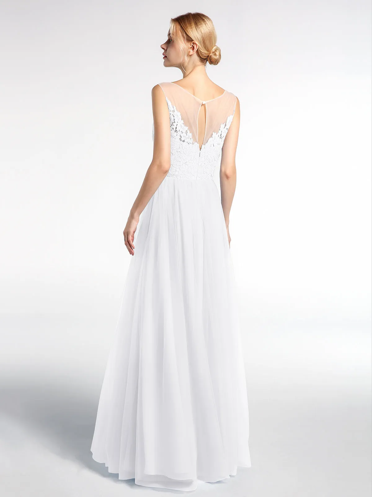 Illusion Neckline Lace and Tulle Maxi Dress-White