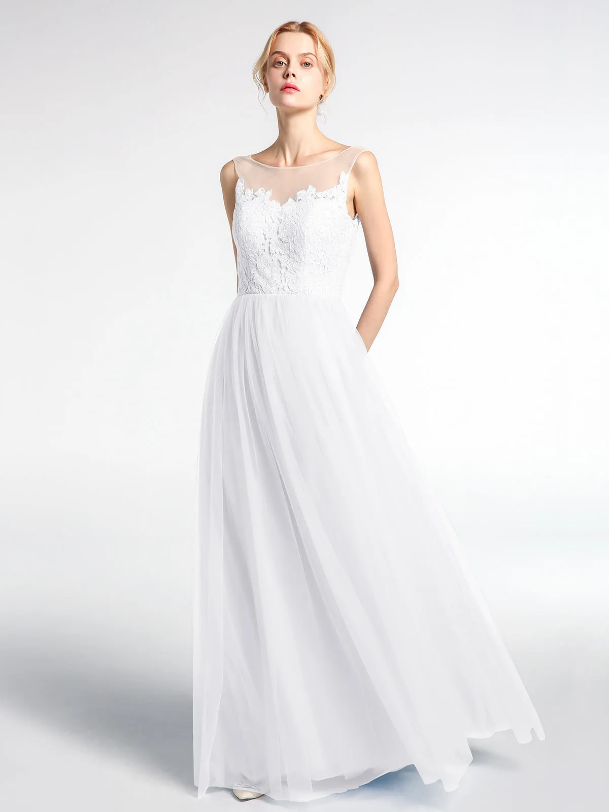 Illusion Neckline Lace and Tulle Maxi Dress-White