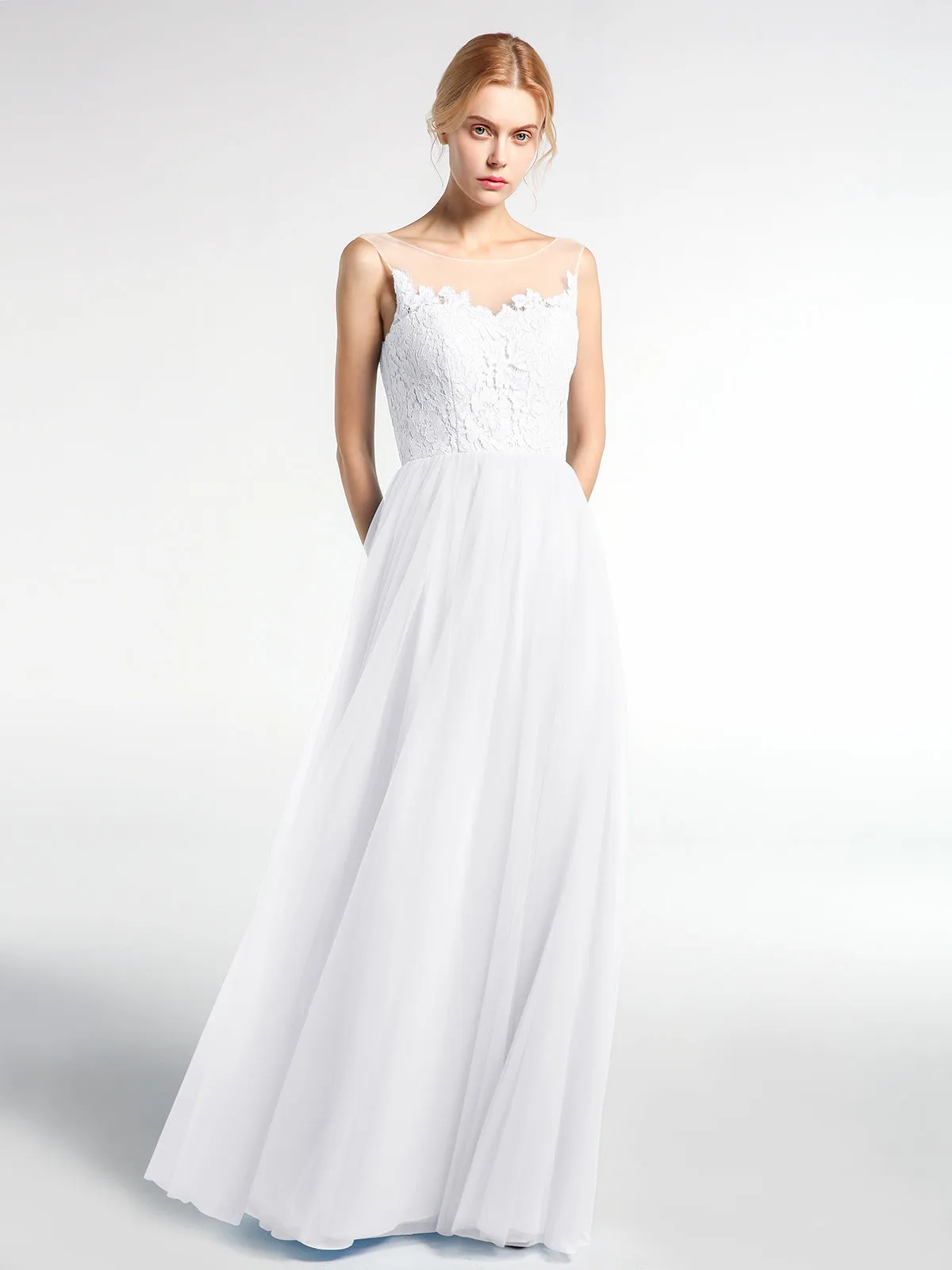 Illusion Neckline Lace and Tulle Maxi Dress-White