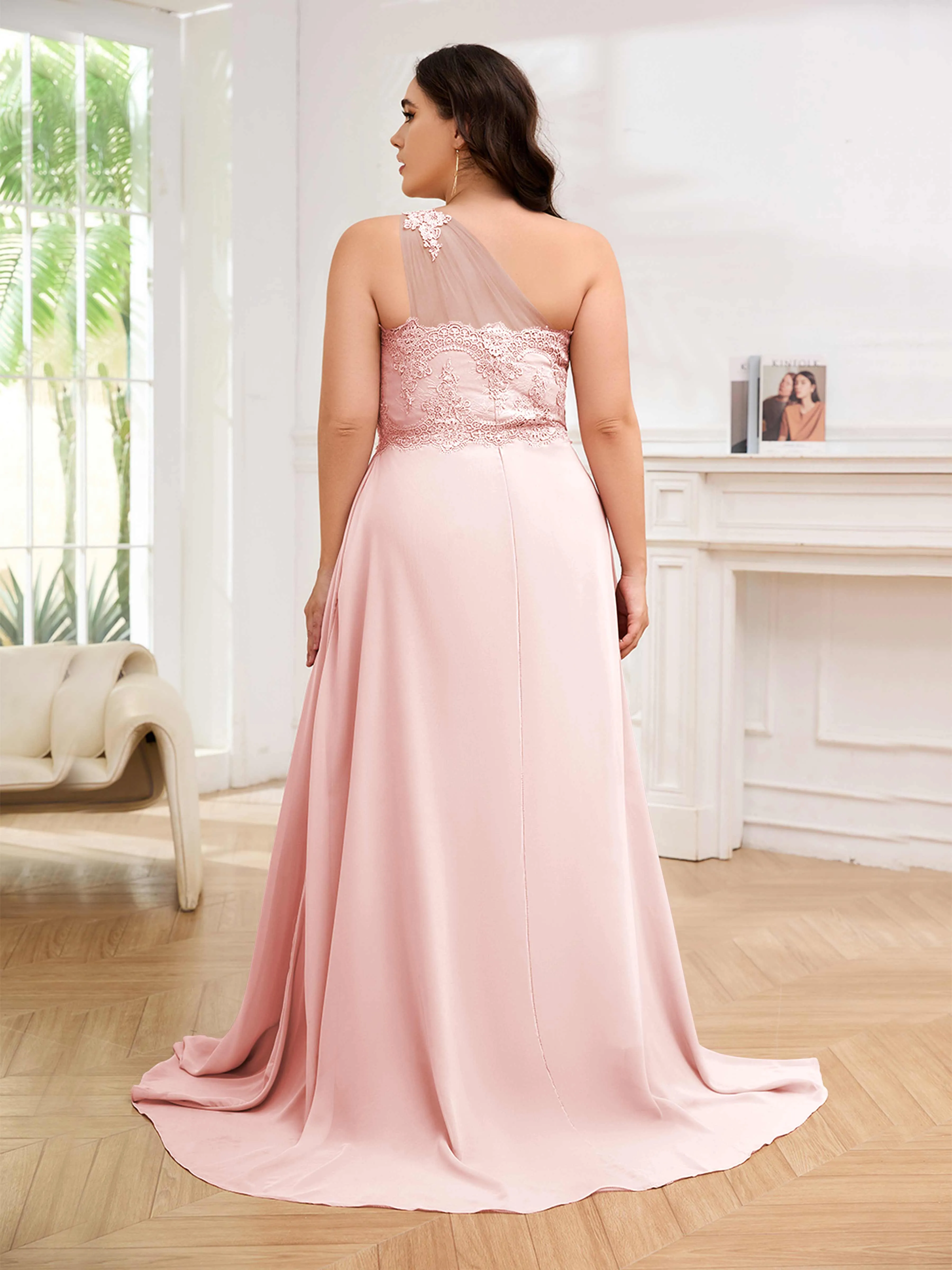 Imani Graceful One Shoulder Slit Long Chiffon Plus Size Bridesmaid Dresses