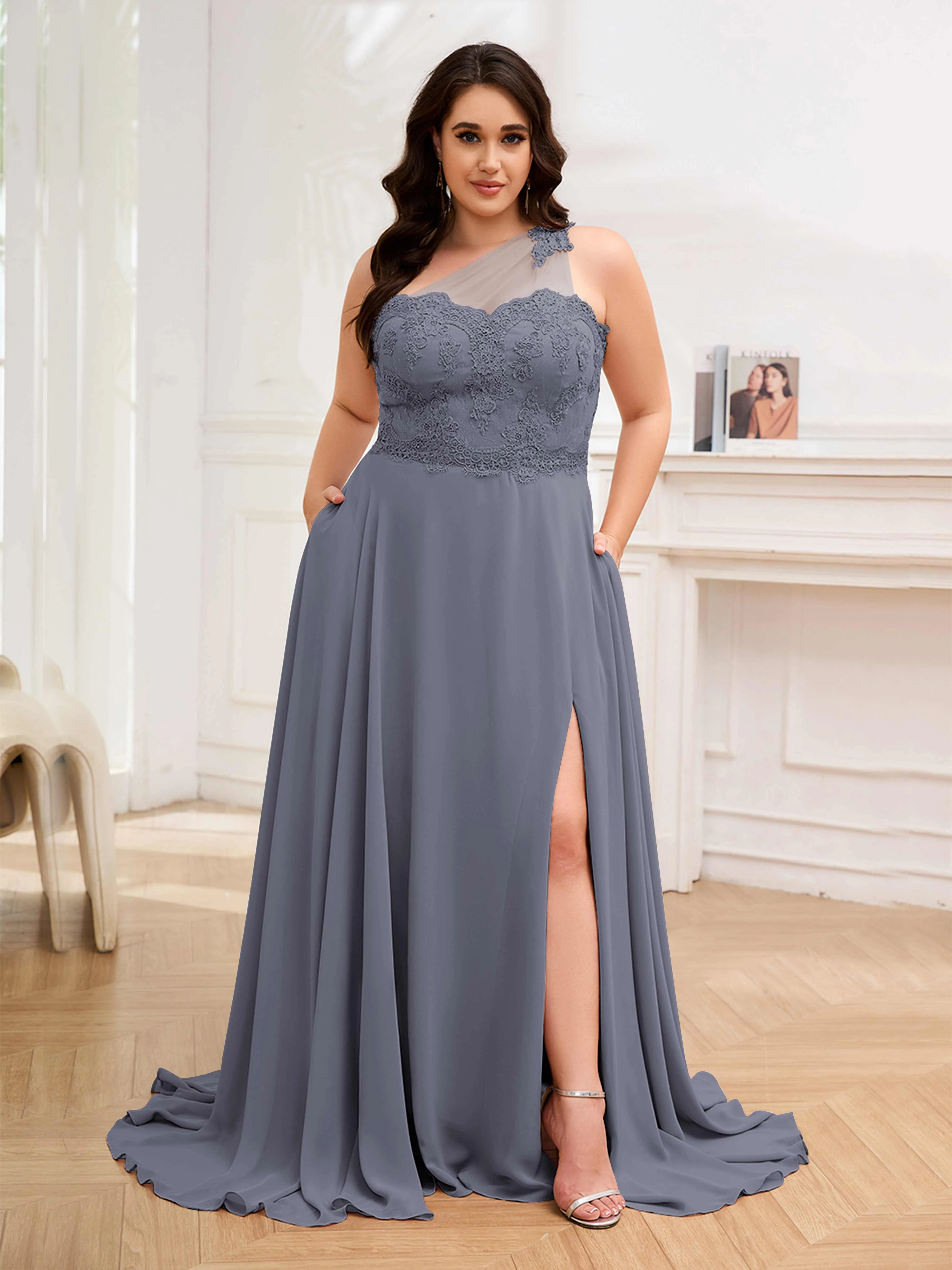 Imani Graceful One Shoulder Slit Long Chiffon Plus Size Bridesmaid Dresses