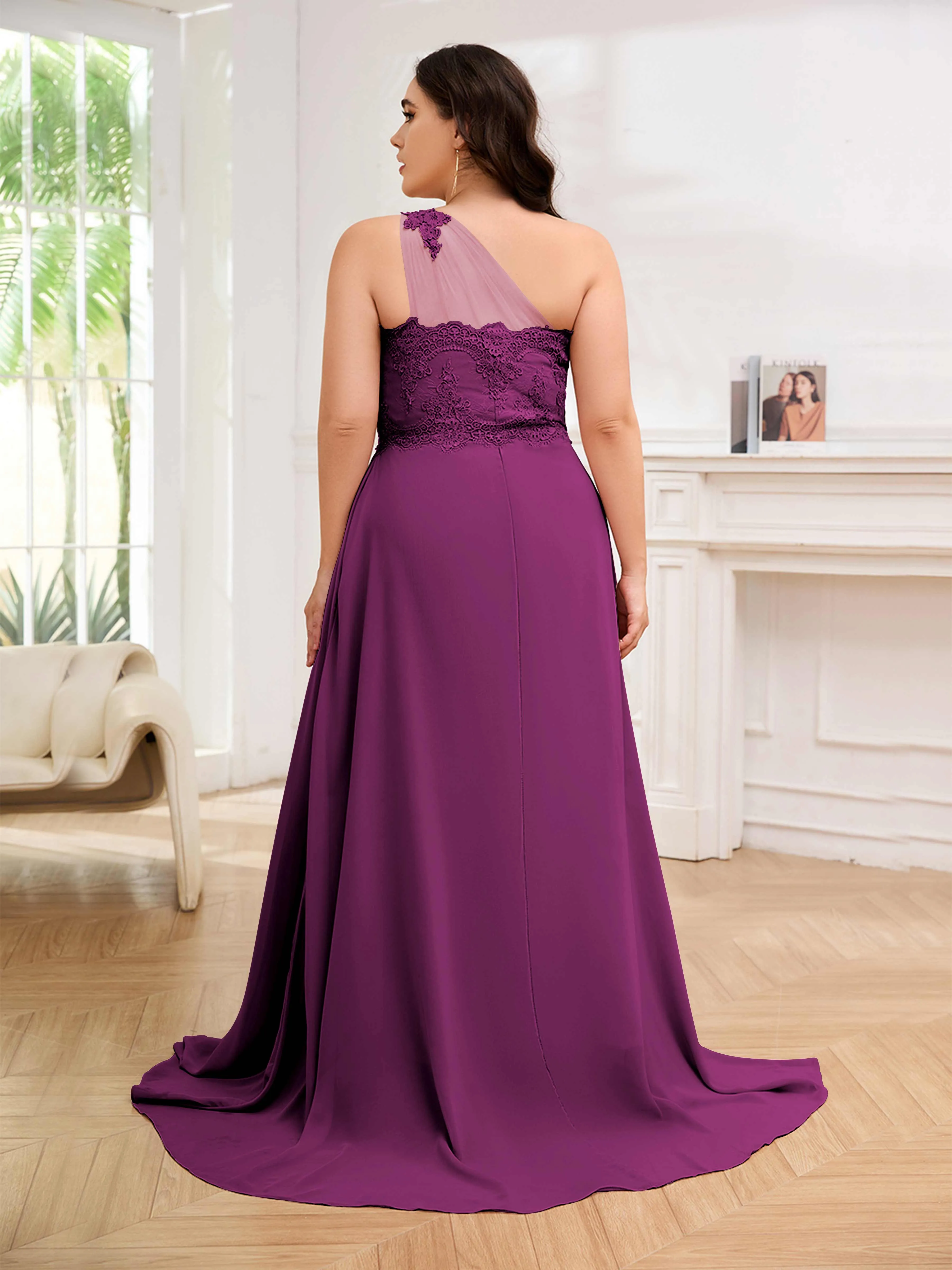 Imani Graceful One Shoulder Slit Long Chiffon Plus Size Bridesmaid Dresses