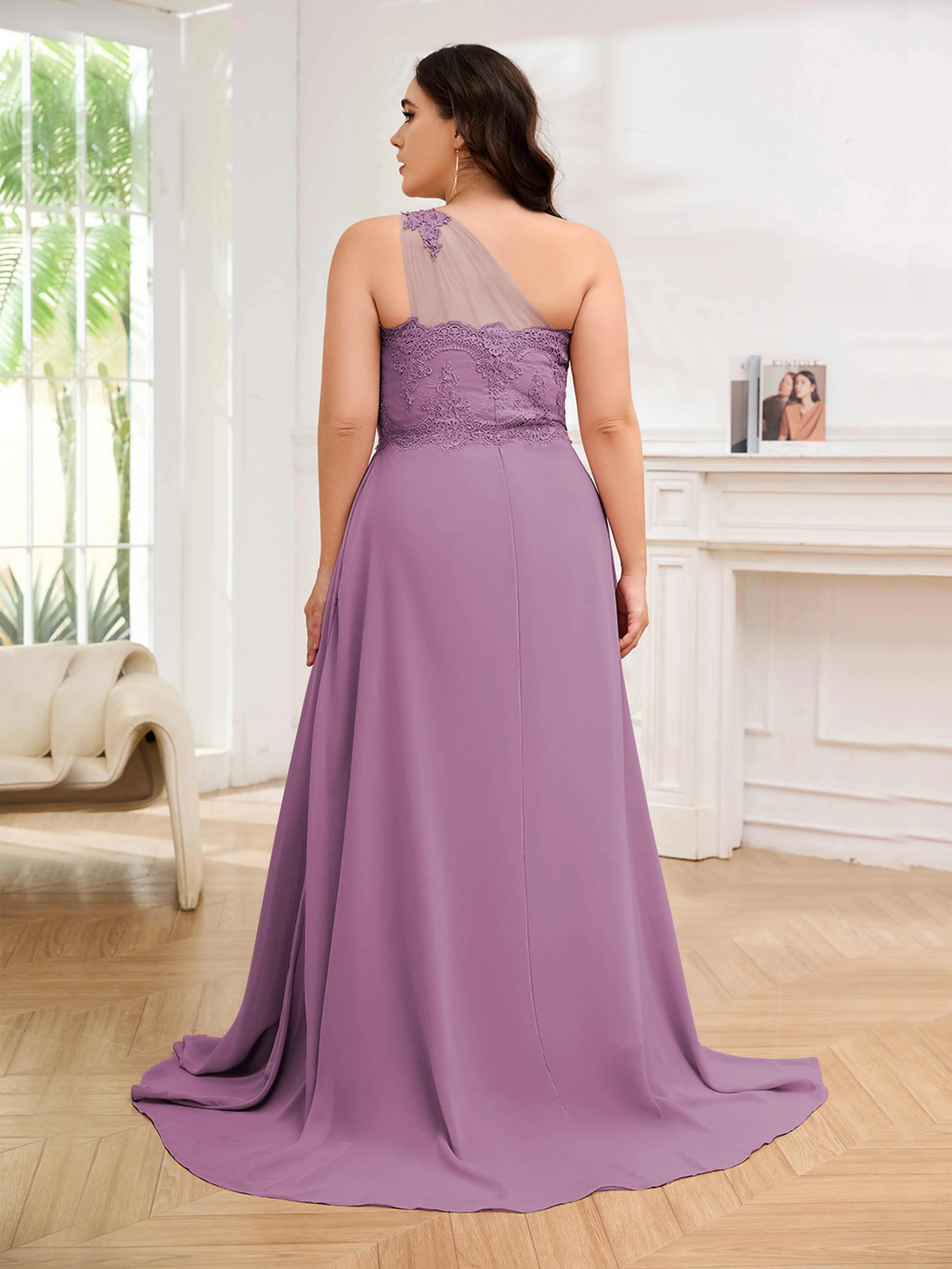 Imani Graceful One Shoulder Slit Long Chiffon Plus Size Bridesmaid Dresses