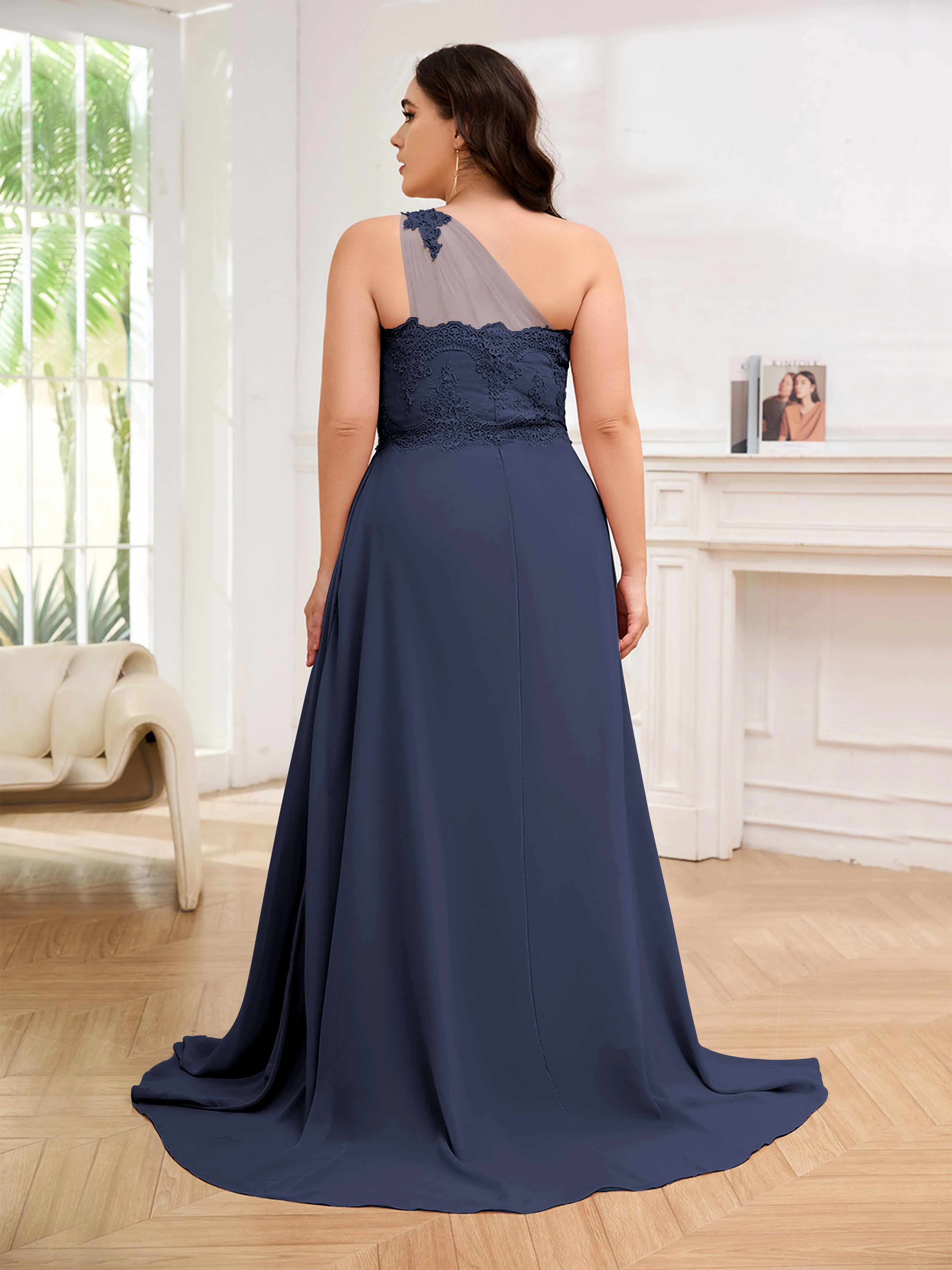 Imani Graceful One Shoulder Slit Long Chiffon Plus Size Bridesmaid Dresses