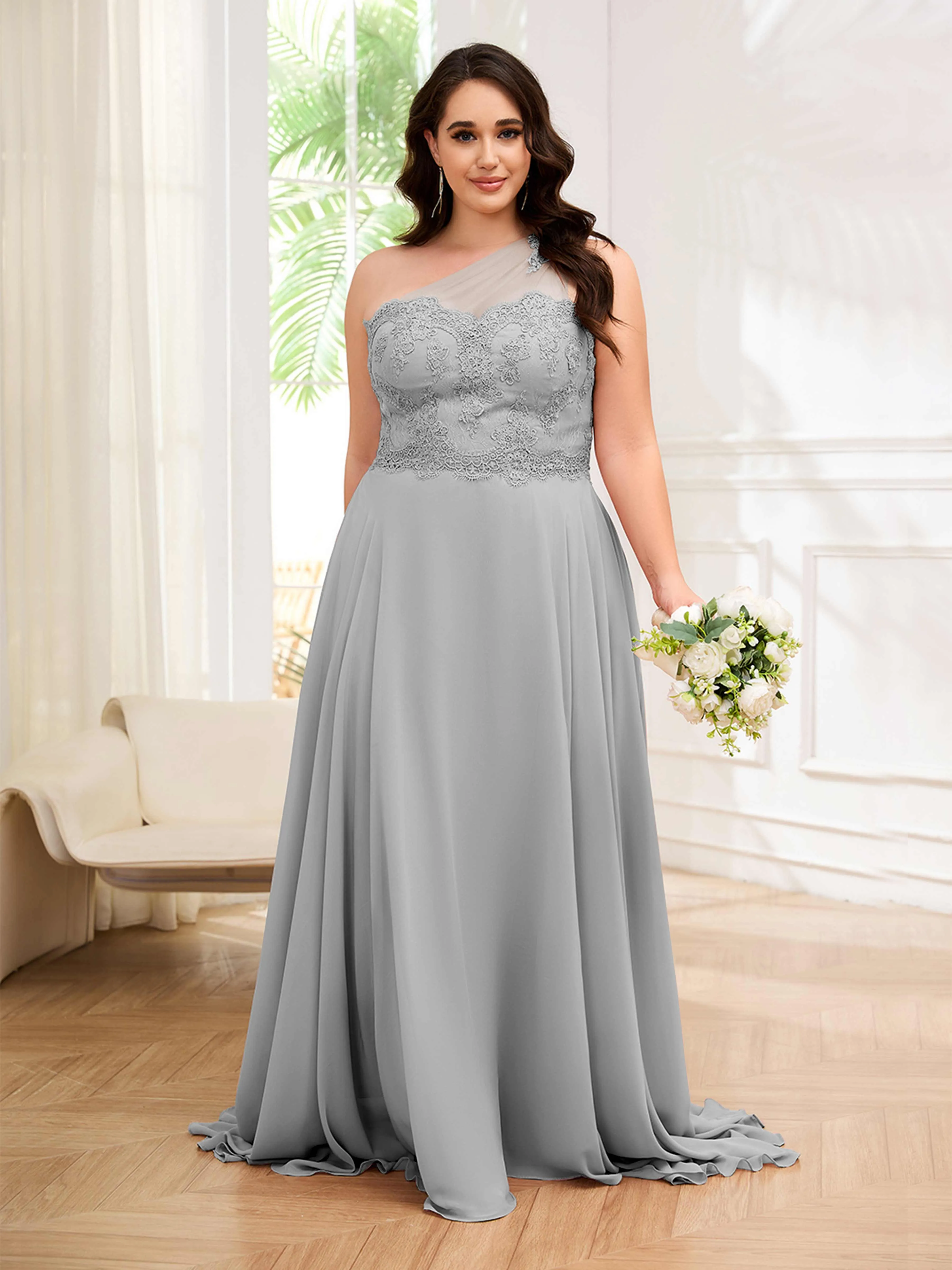 Imani Graceful One Shoulder Slit Long Chiffon Plus Size Bridesmaid Dresses