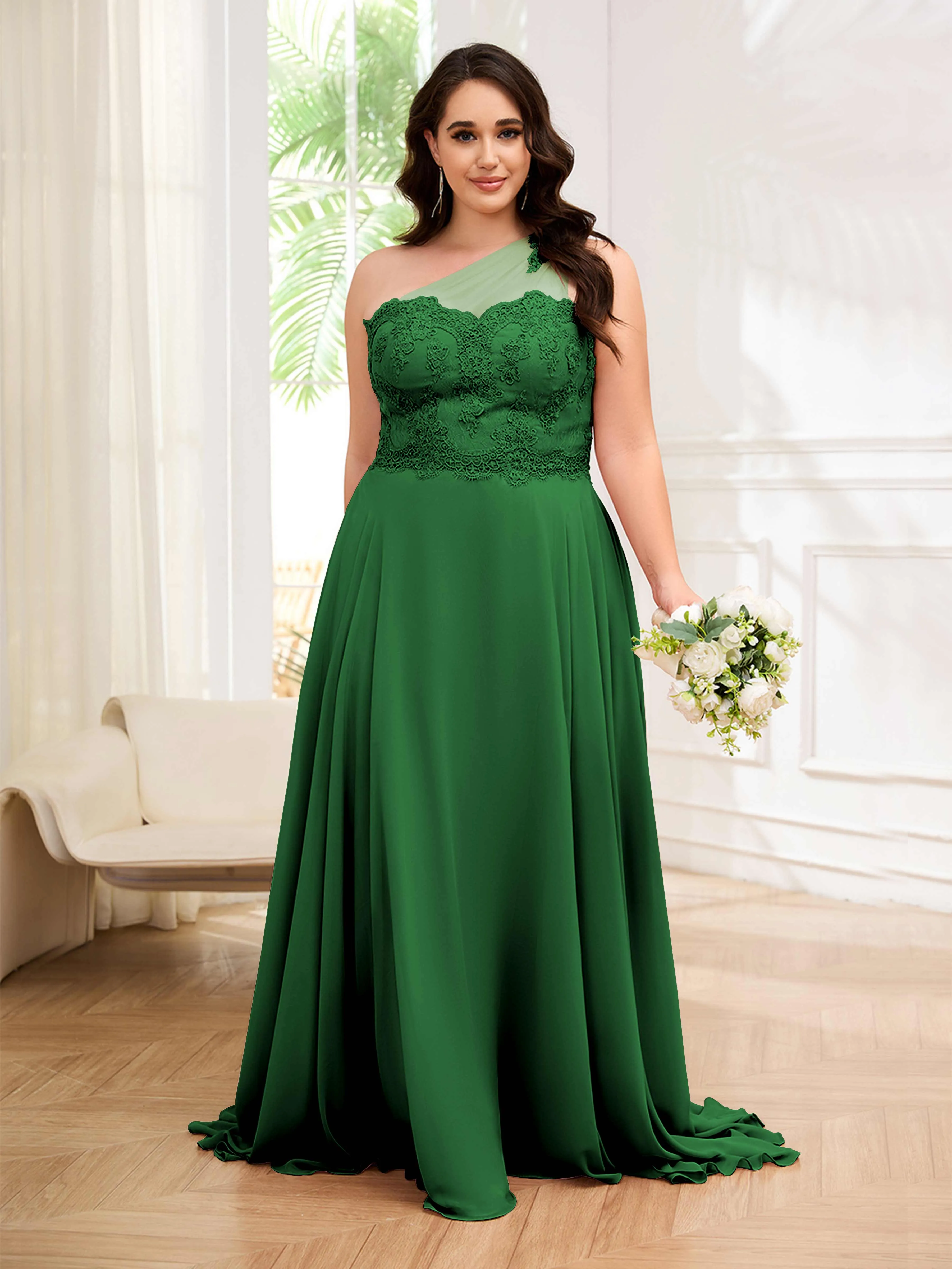 Imani Graceful One Shoulder Slit Long Chiffon Plus Size Bridesmaid Dresses