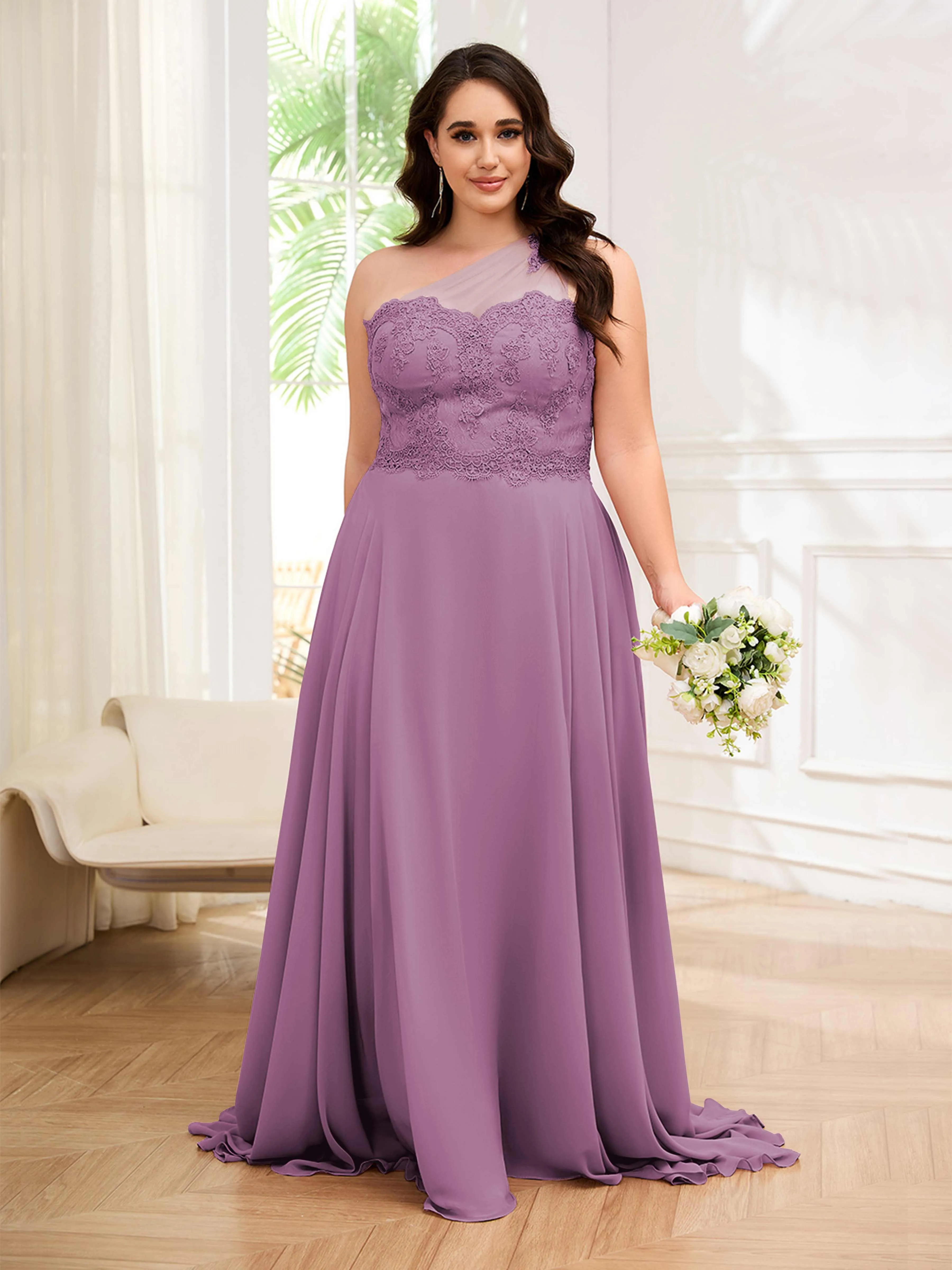 Imani Graceful One Shoulder Slit Long Chiffon Plus Size Bridesmaid Dresses