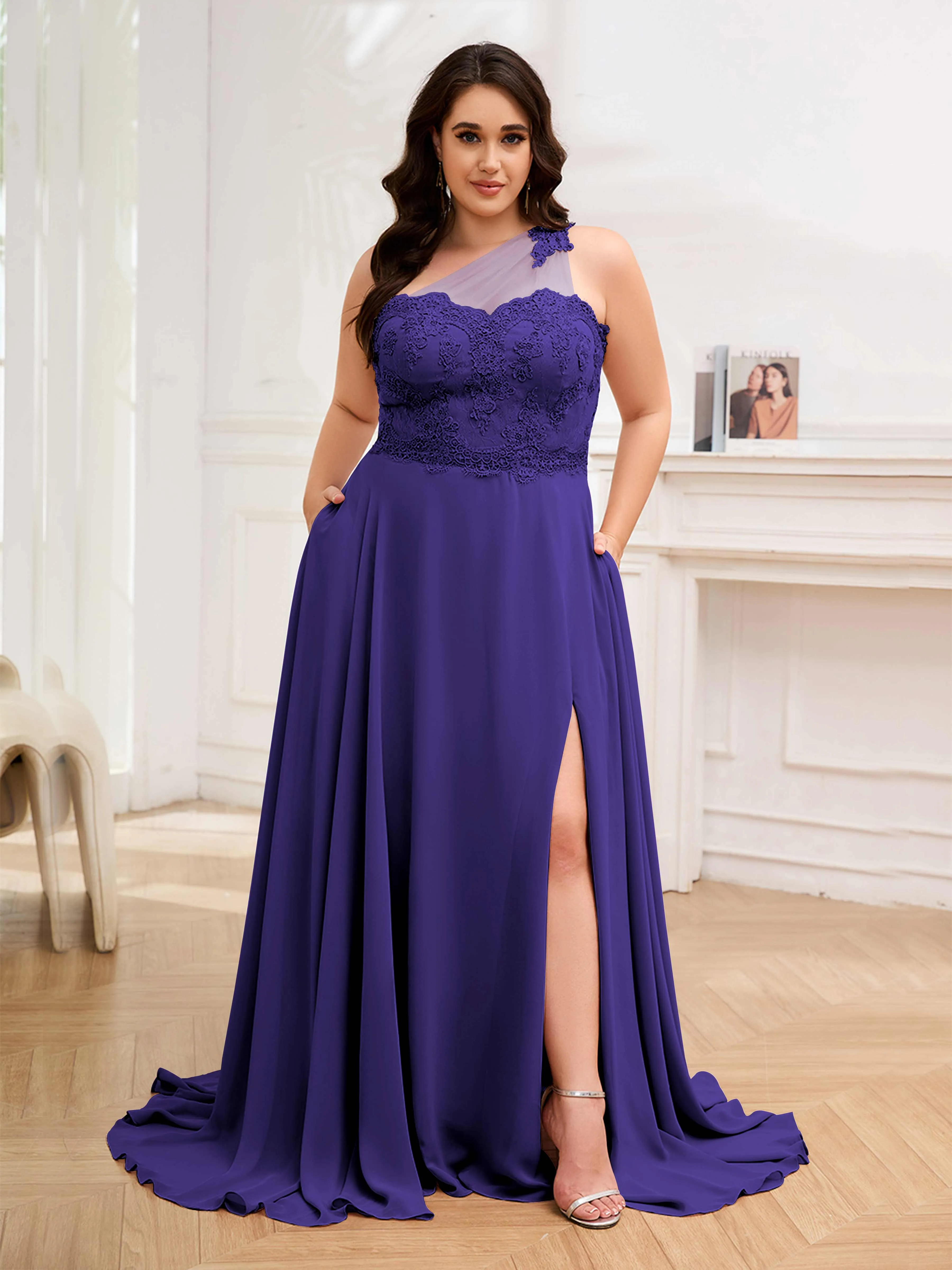 Imani Graceful One Shoulder Slit Long Chiffon Plus Size Bridesmaid Dresses