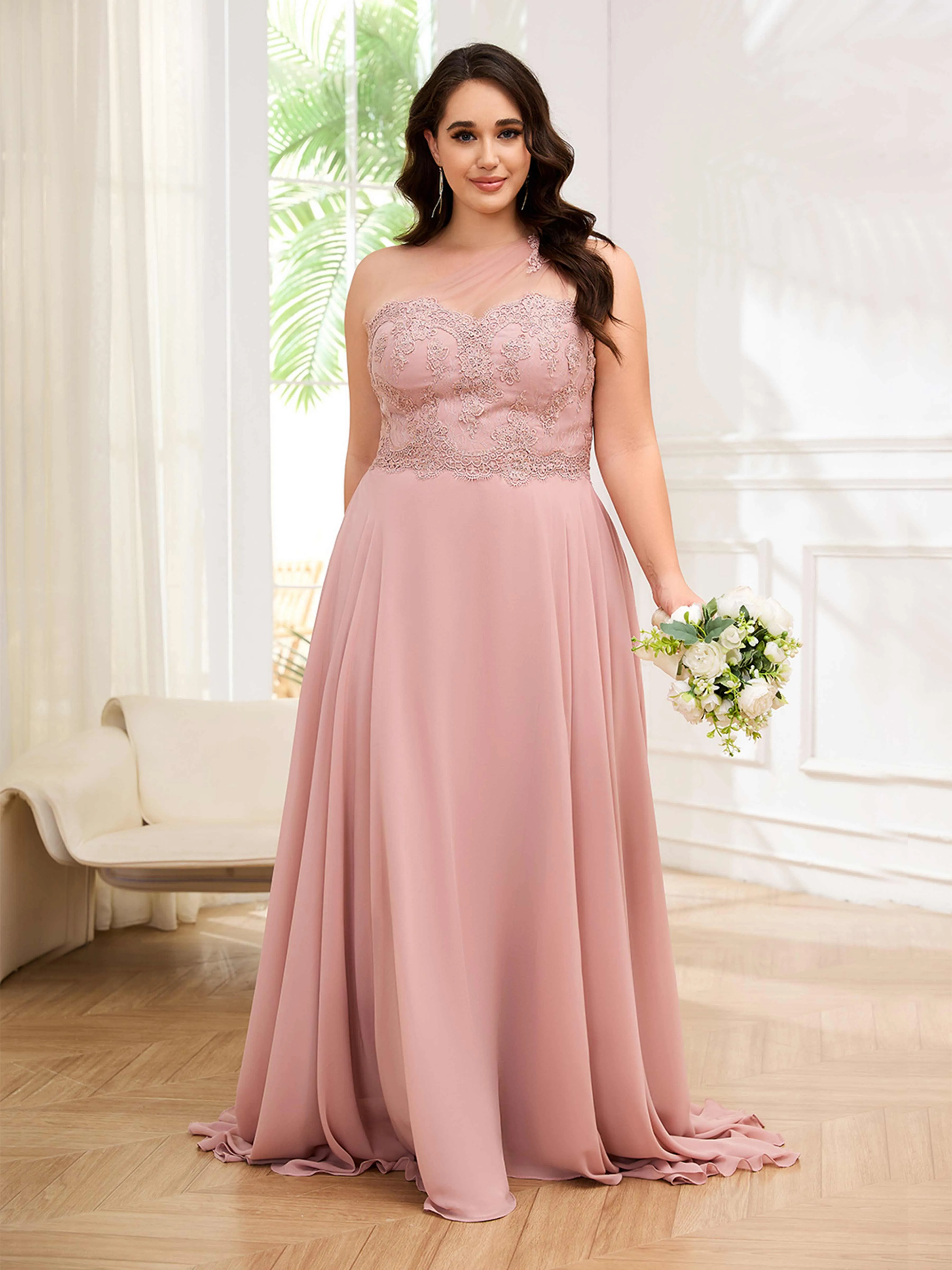 Imani Graceful One Shoulder Slit Long Chiffon Plus Size Bridesmaid Dresses