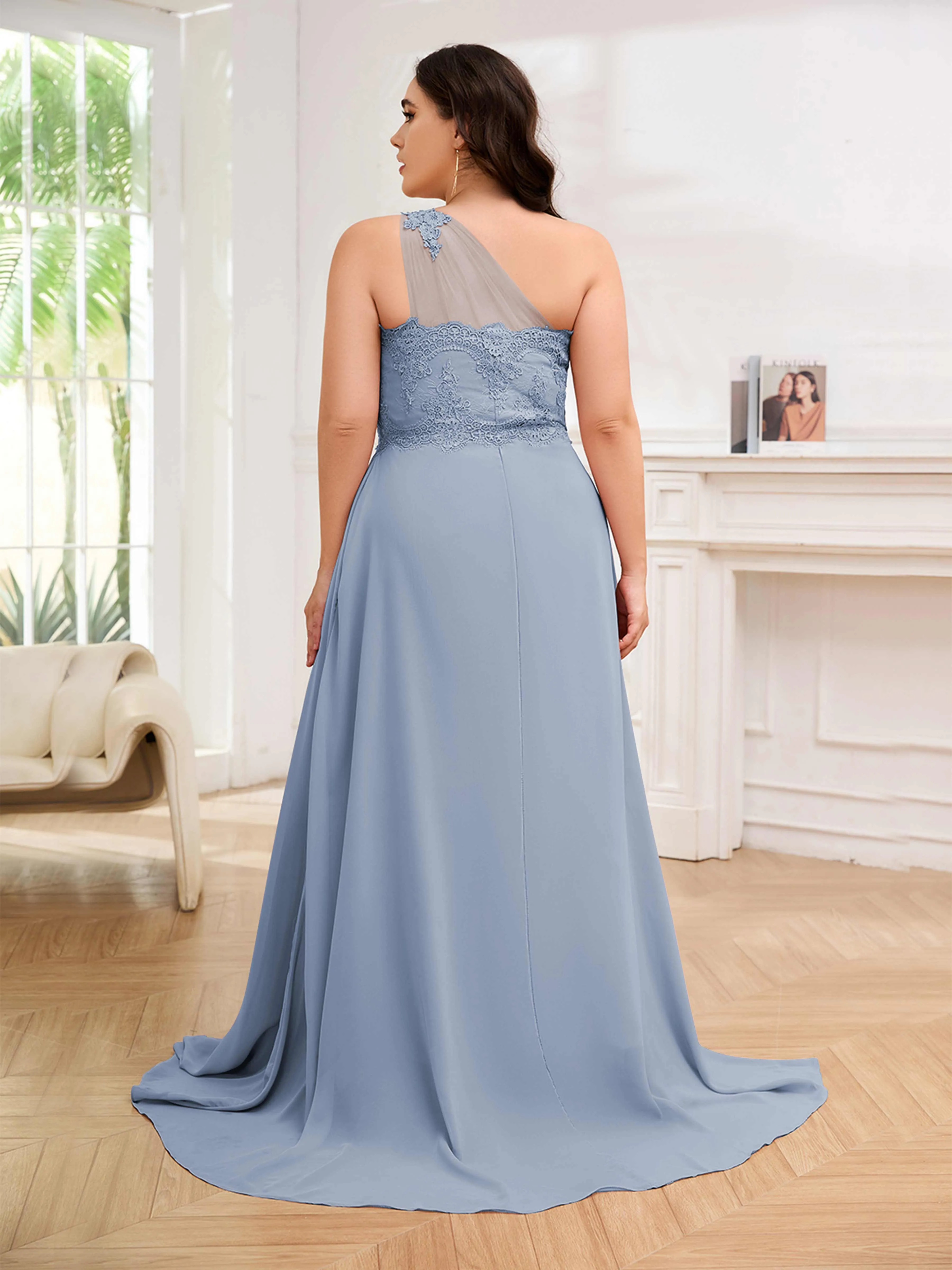 Imani Graceful One Shoulder Slit Long Chiffon Plus Size Bridesmaid Dresses