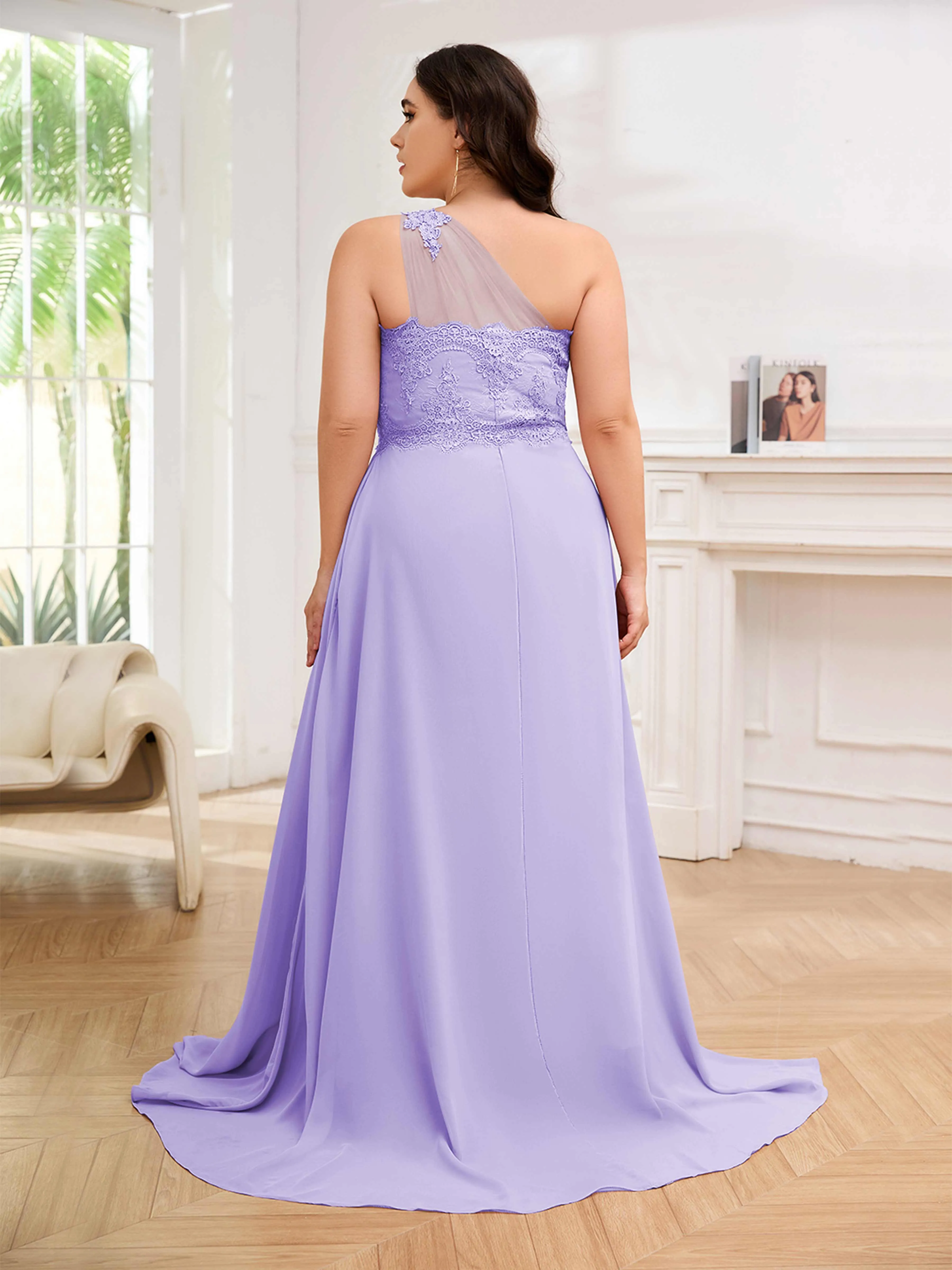 Imani Graceful One Shoulder Slit Long Chiffon Plus Size Bridesmaid Dresses