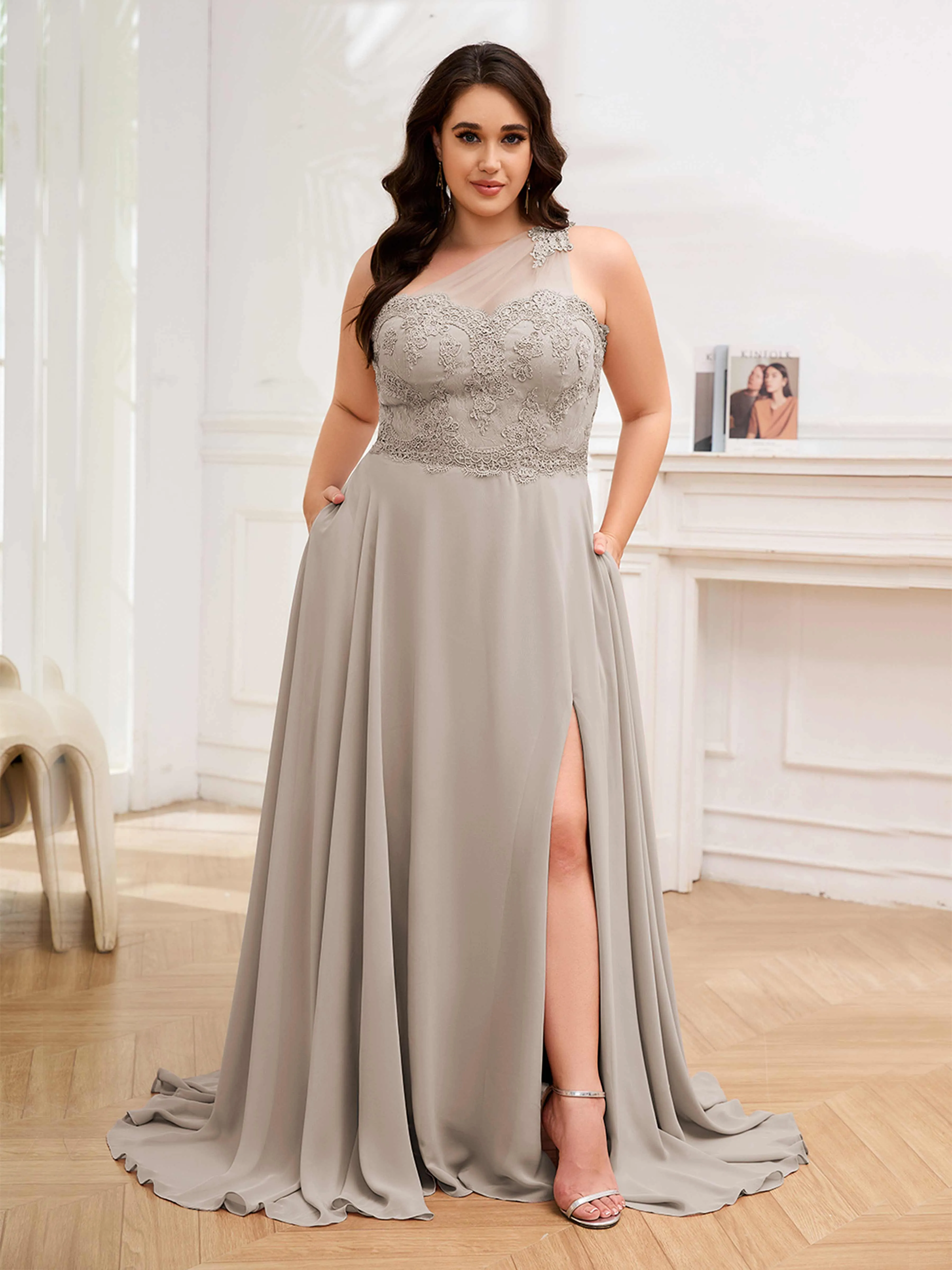 Imani Graceful One Shoulder Slit Long Chiffon Plus Size Bridesmaid Dresses