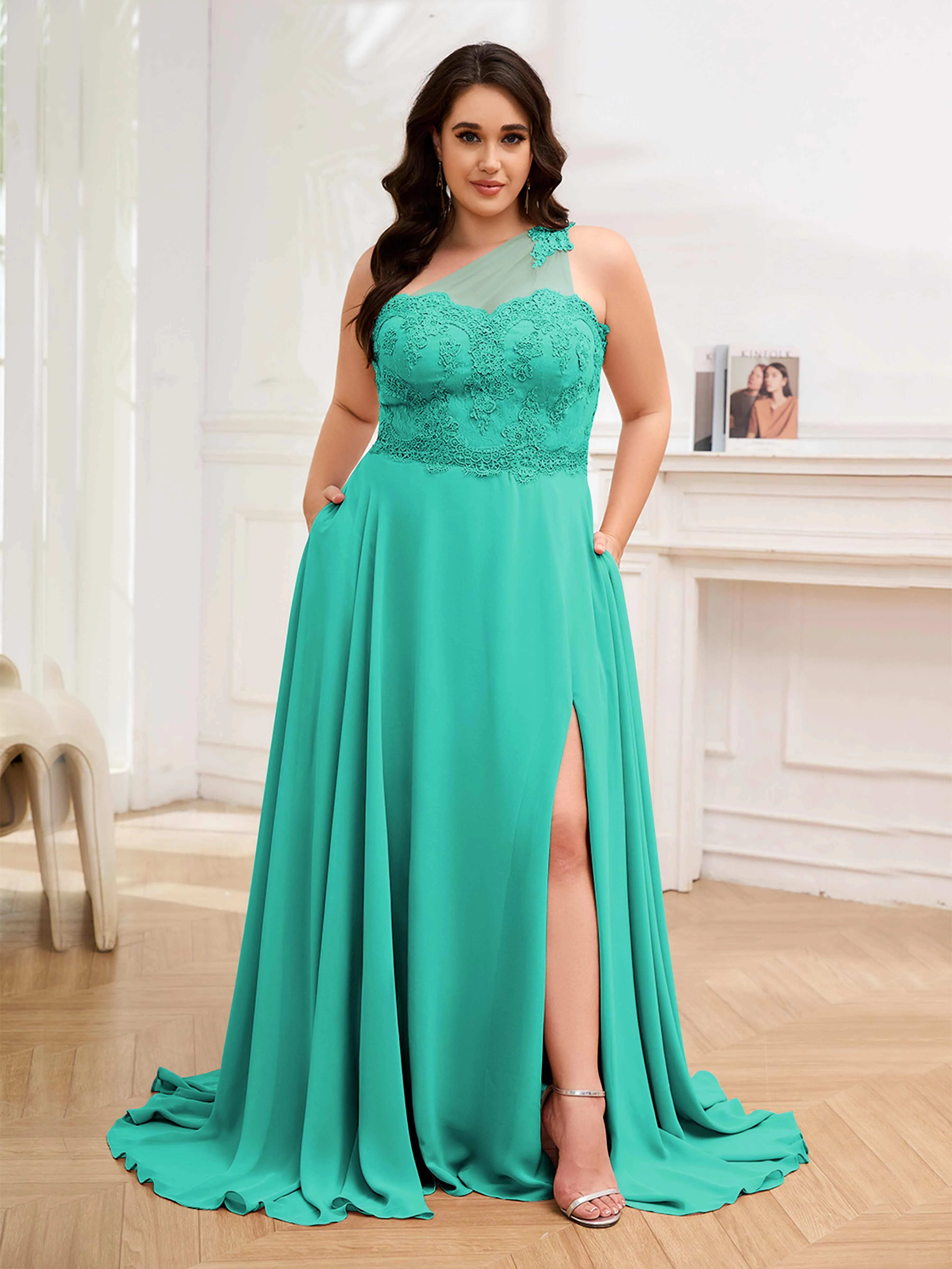 Imani Graceful One Shoulder Slit Long Chiffon Plus Size Bridesmaid Dresses
