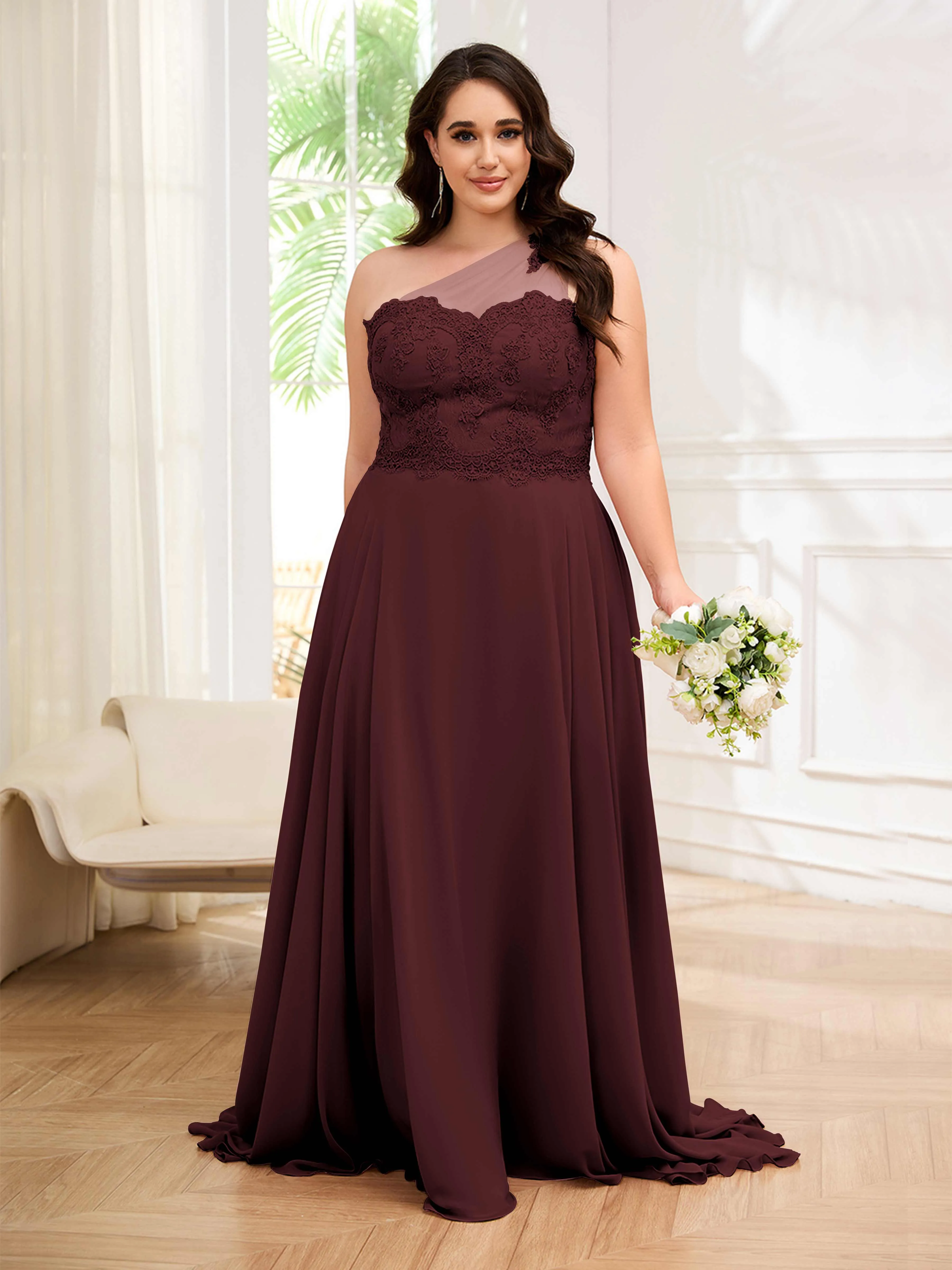 Imani Graceful One Shoulder Slit Long Chiffon Plus Size Bridesmaid Dresses
