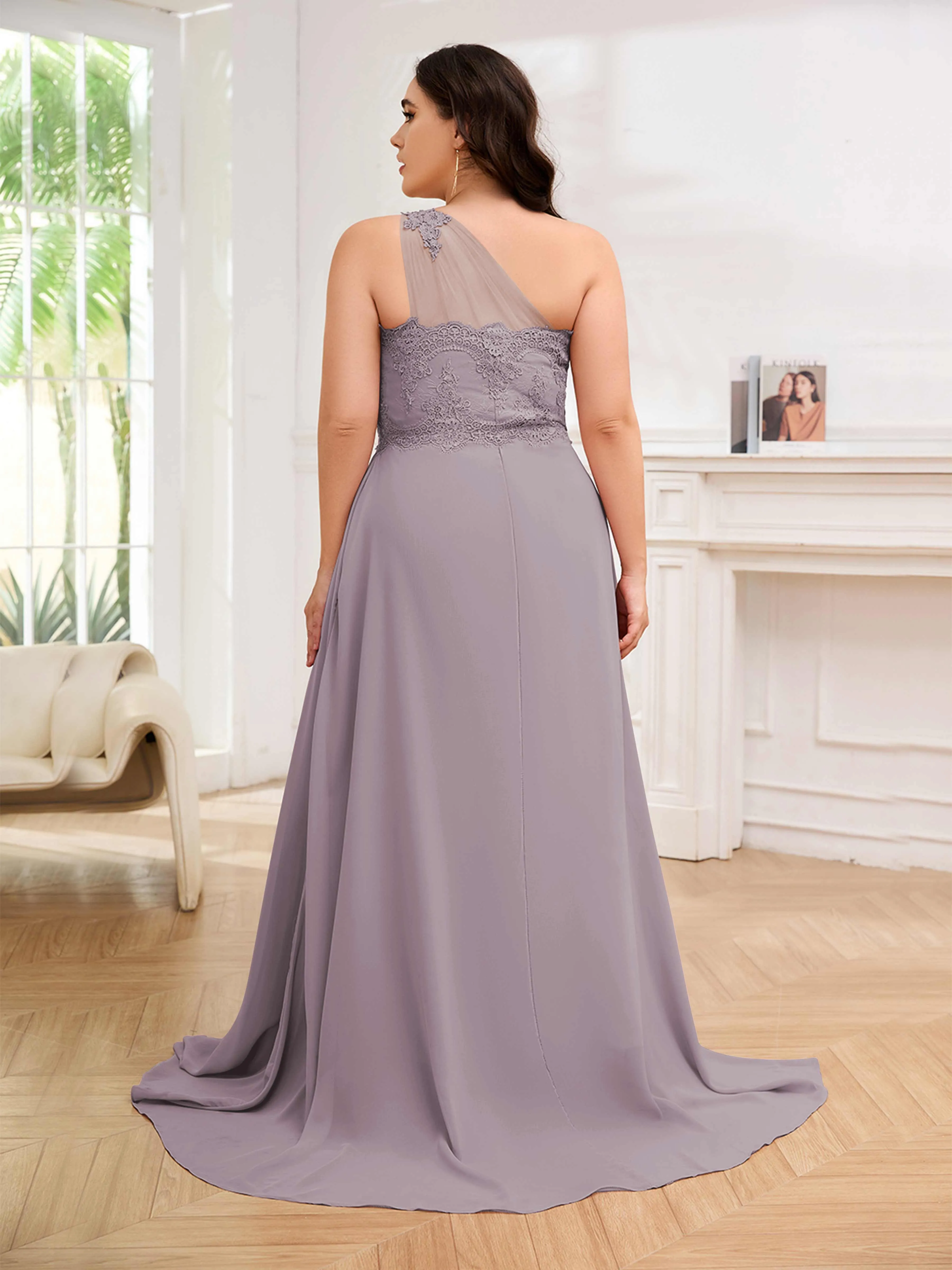 Imani Graceful One Shoulder Slit Long Chiffon Plus Size Bridesmaid Dresses