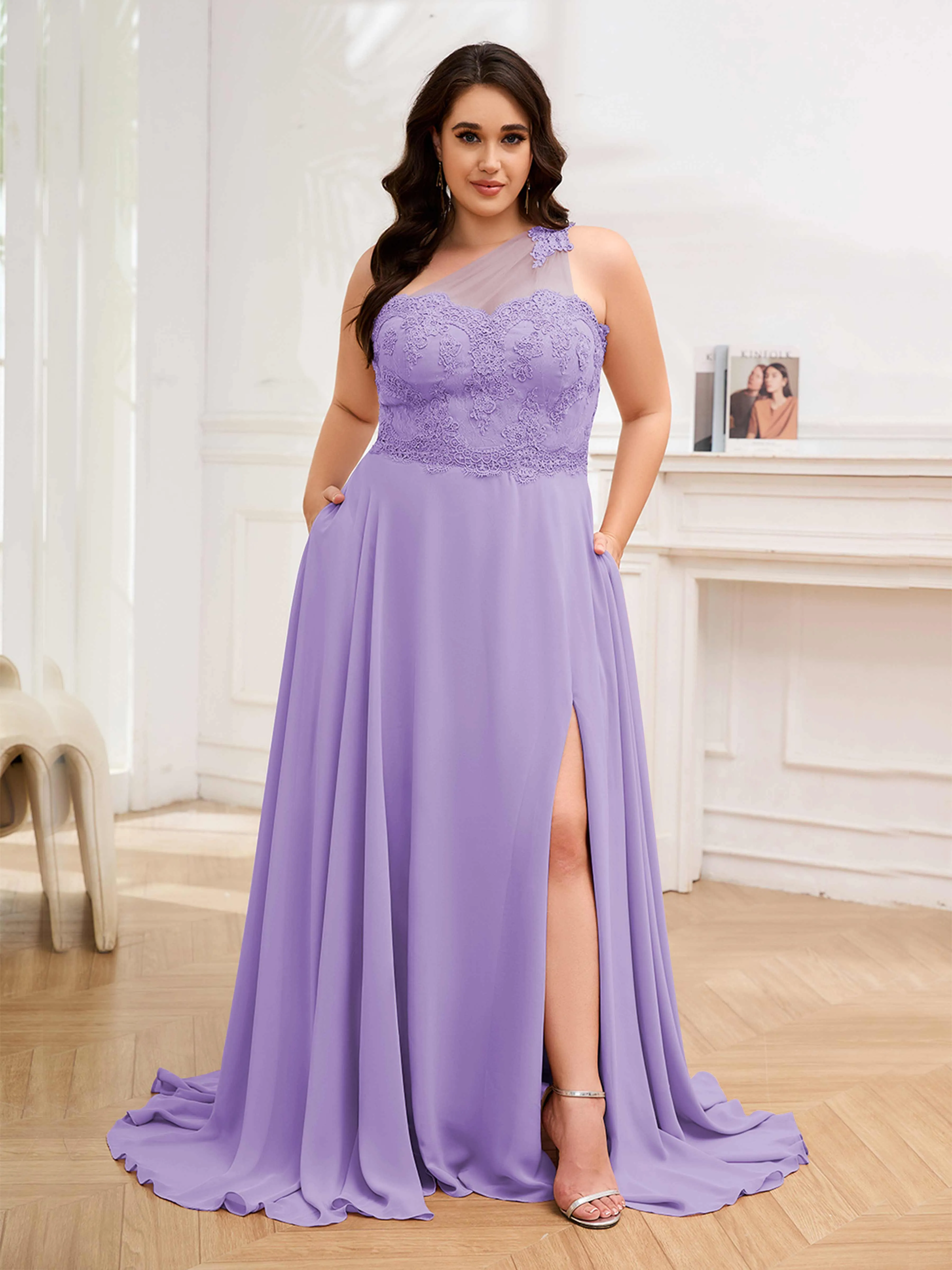 Imani Graceful One Shoulder Slit Long Chiffon Plus Size Bridesmaid Dresses