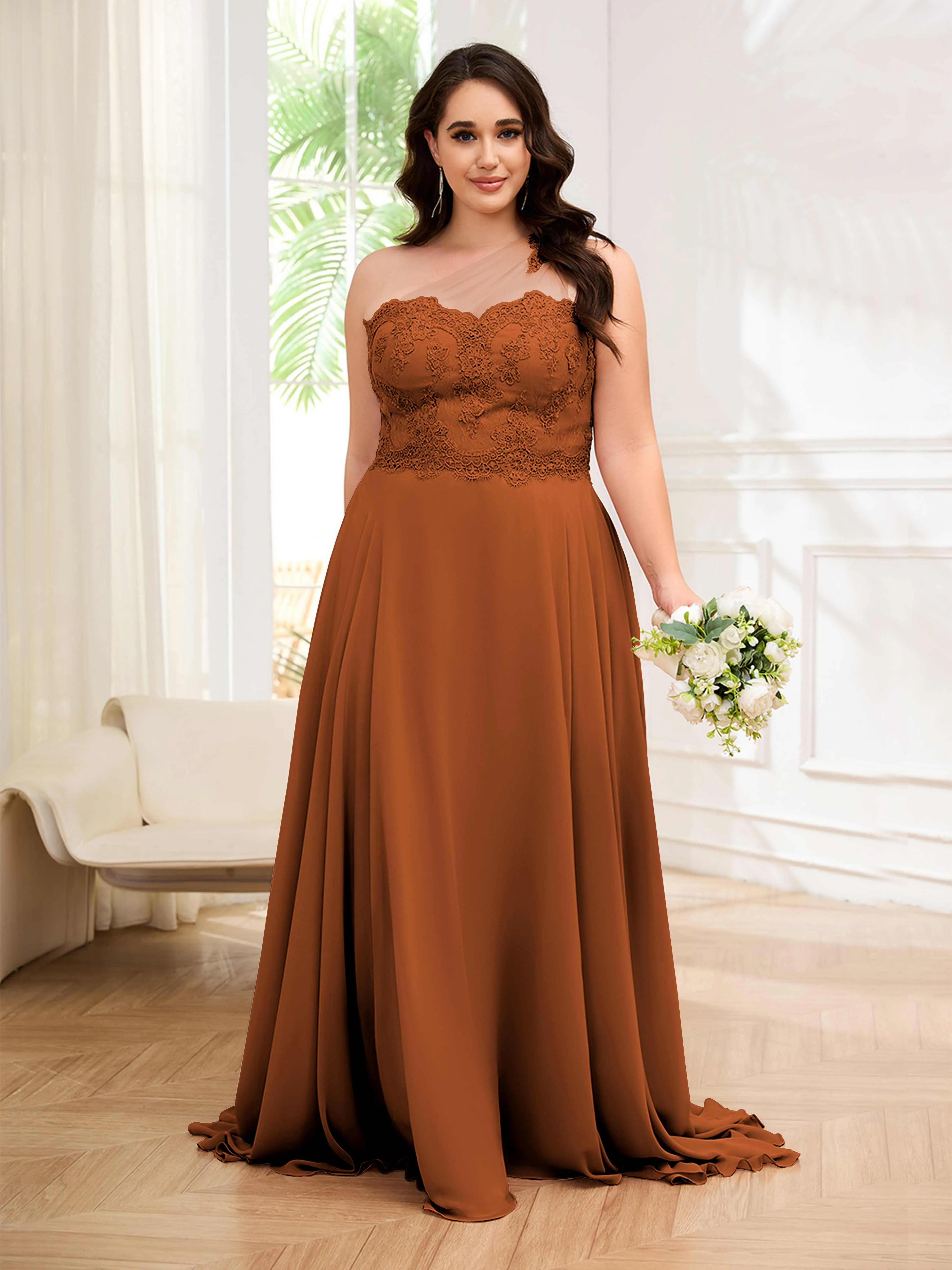 Imani Graceful One Shoulder Slit Long Chiffon Plus Size Bridesmaid Dresses