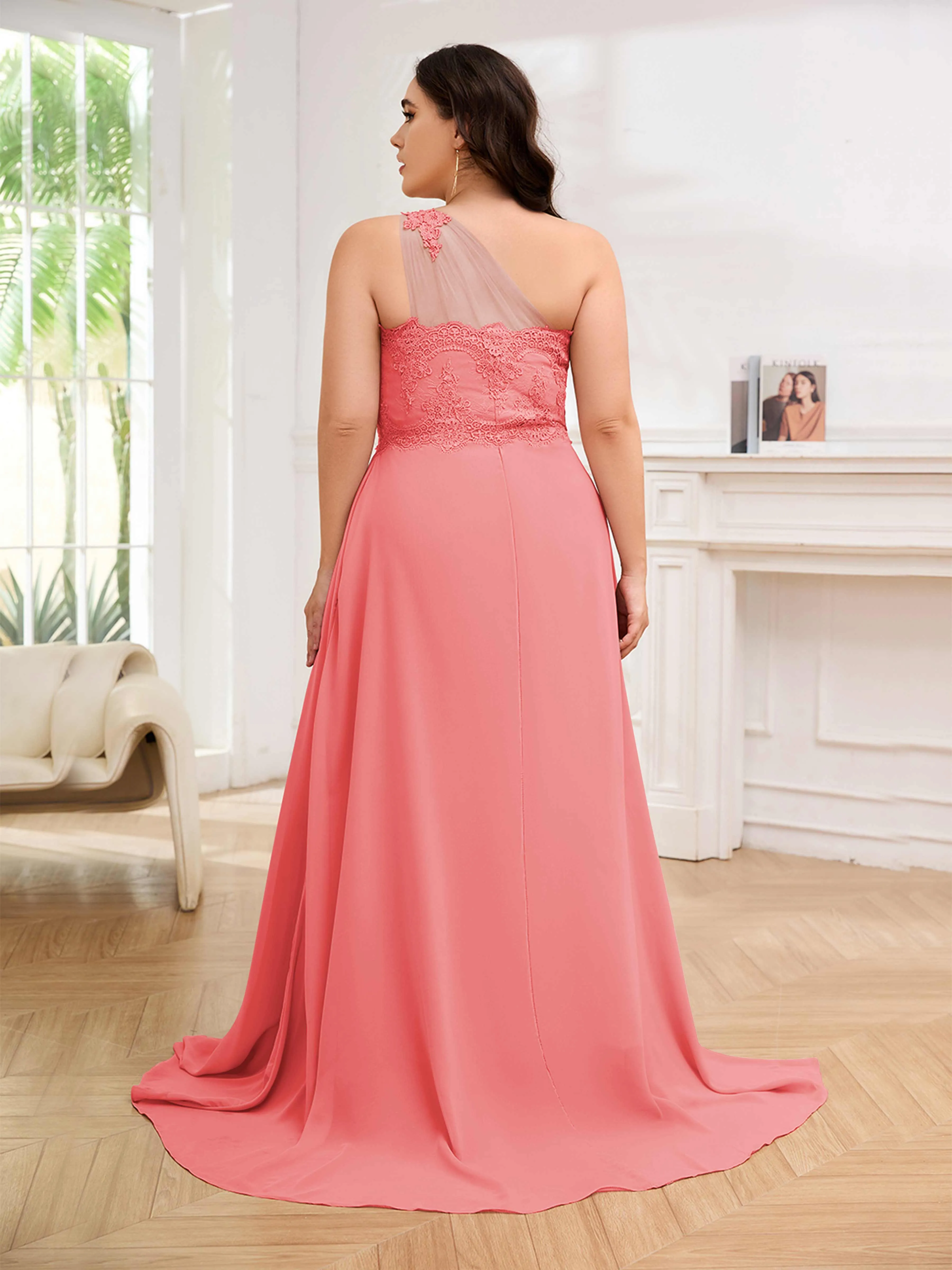 Imani Graceful One Shoulder Slit Long Chiffon Plus Size Bridesmaid Dresses