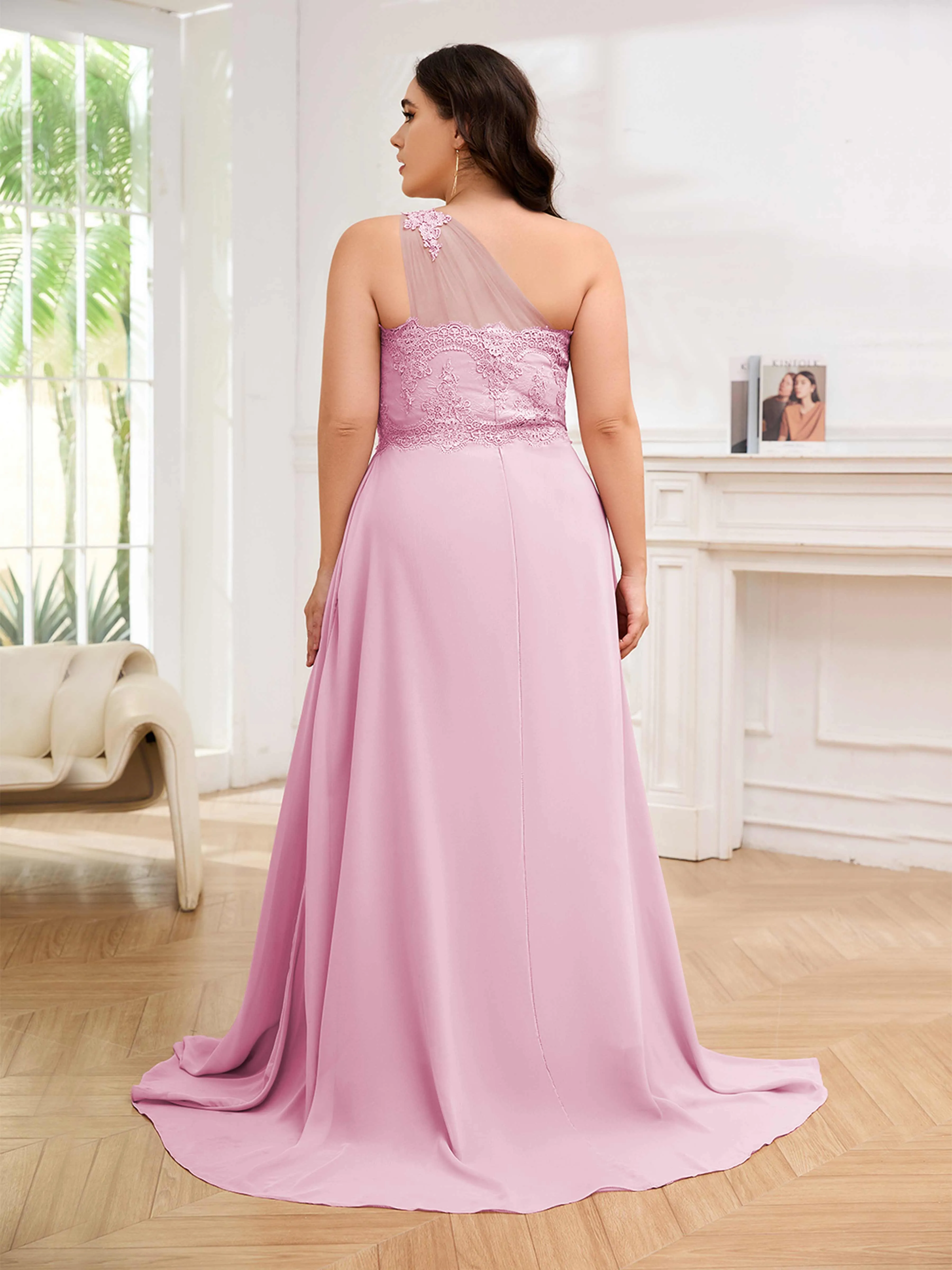 Imani Graceful One Shoulder Slit Long Chiffon Plus Size Bridesmaid Dresses