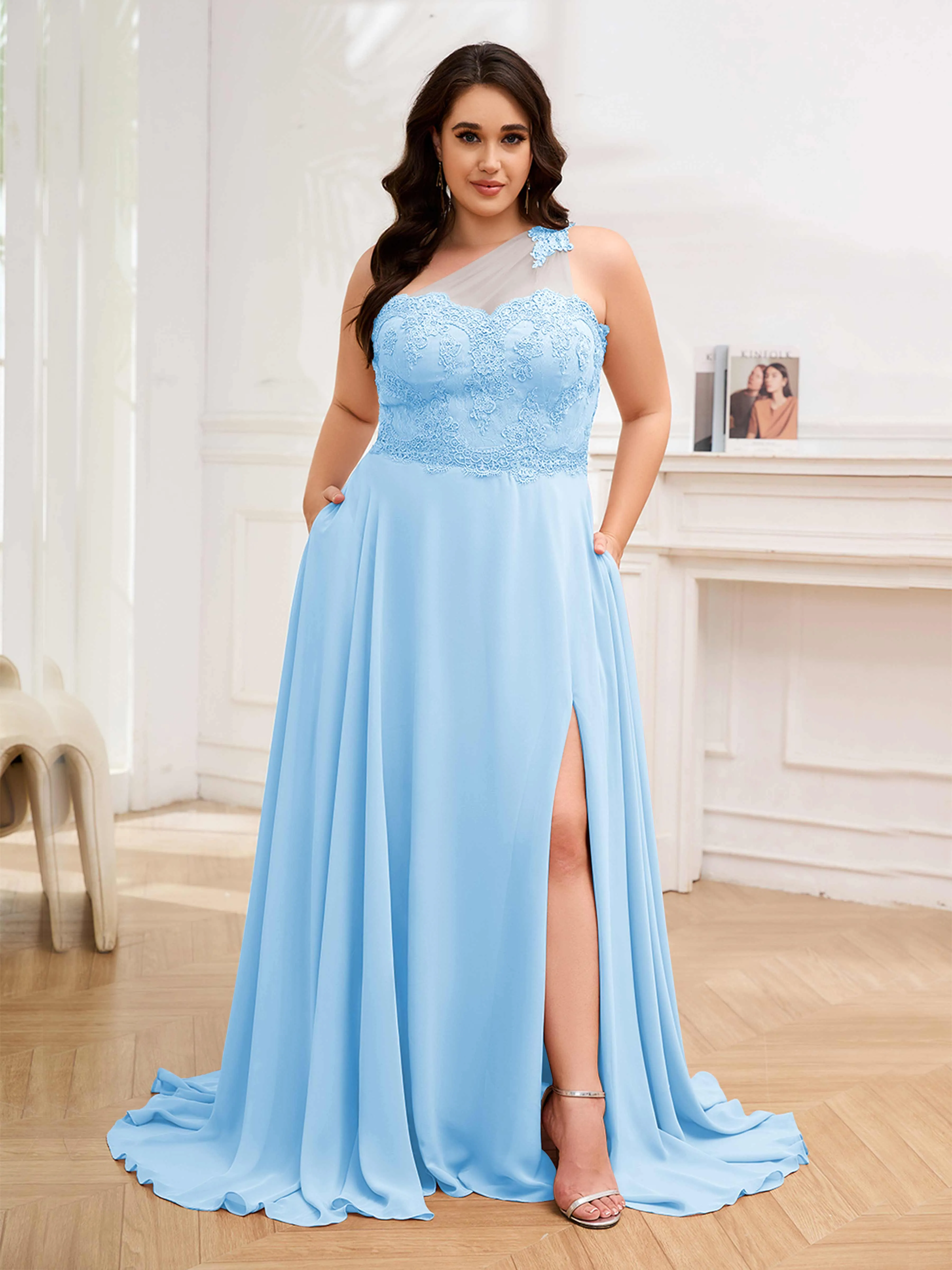 Imani Graceful One Shoulder Slit Long Chiffon Plus Size Bridesmaid Dresses