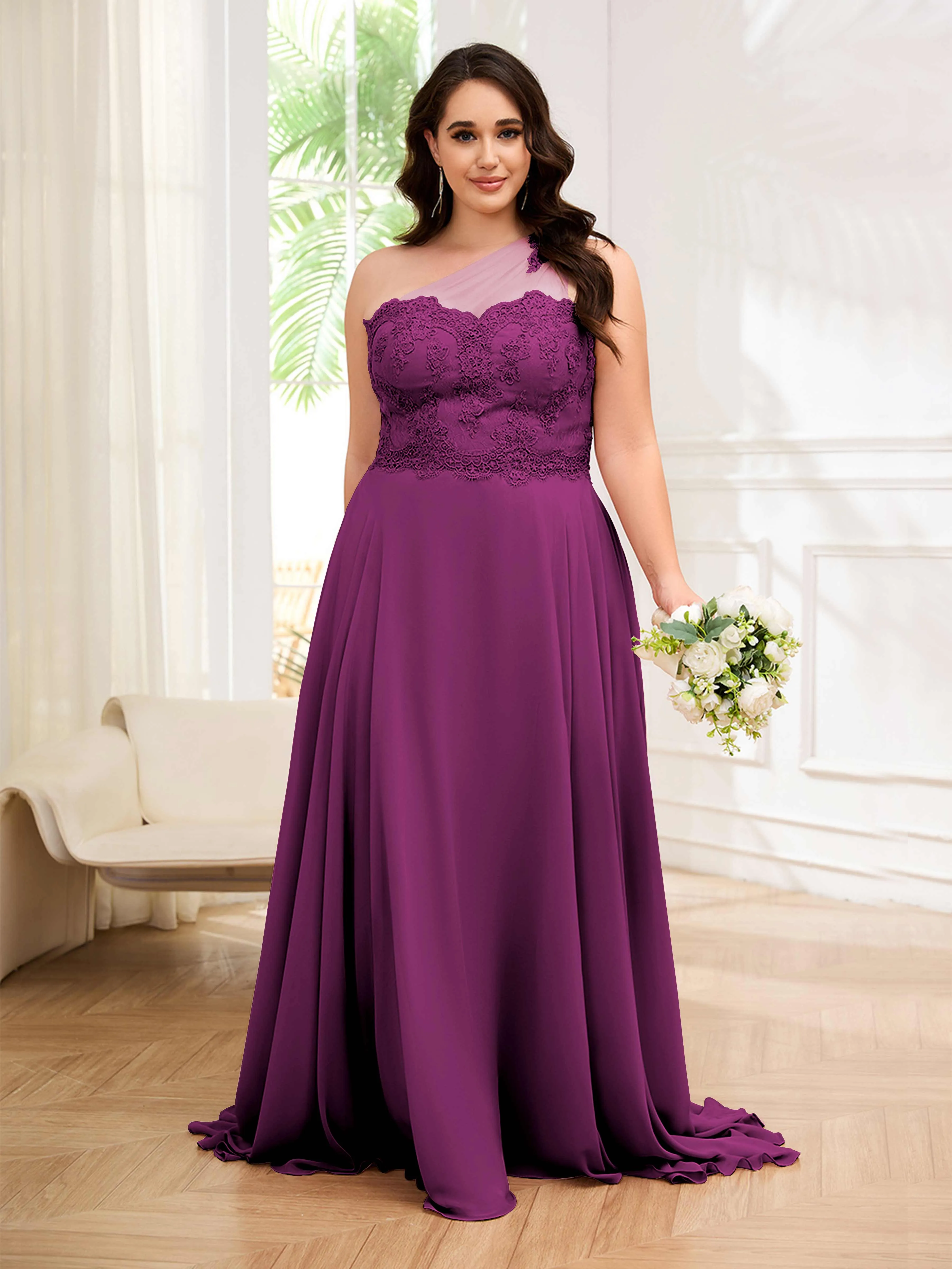 Imani Graceful One Shoulder Slit Long Chiffon Plus Size Bridesmaid Dresses