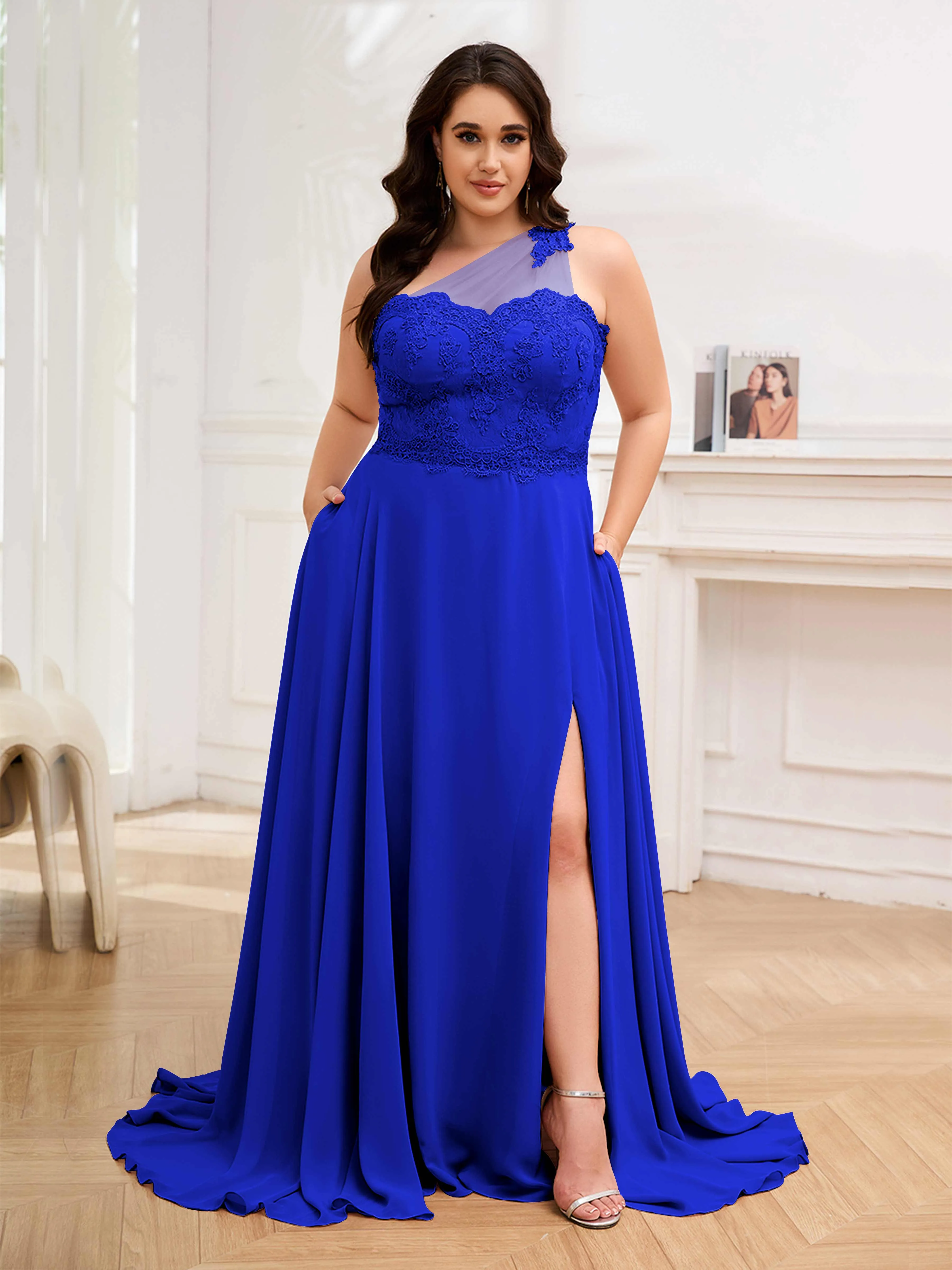 Imani Graceful One Shoulder Slit Long Chiffon Plus Size Bridesmaid Dresses