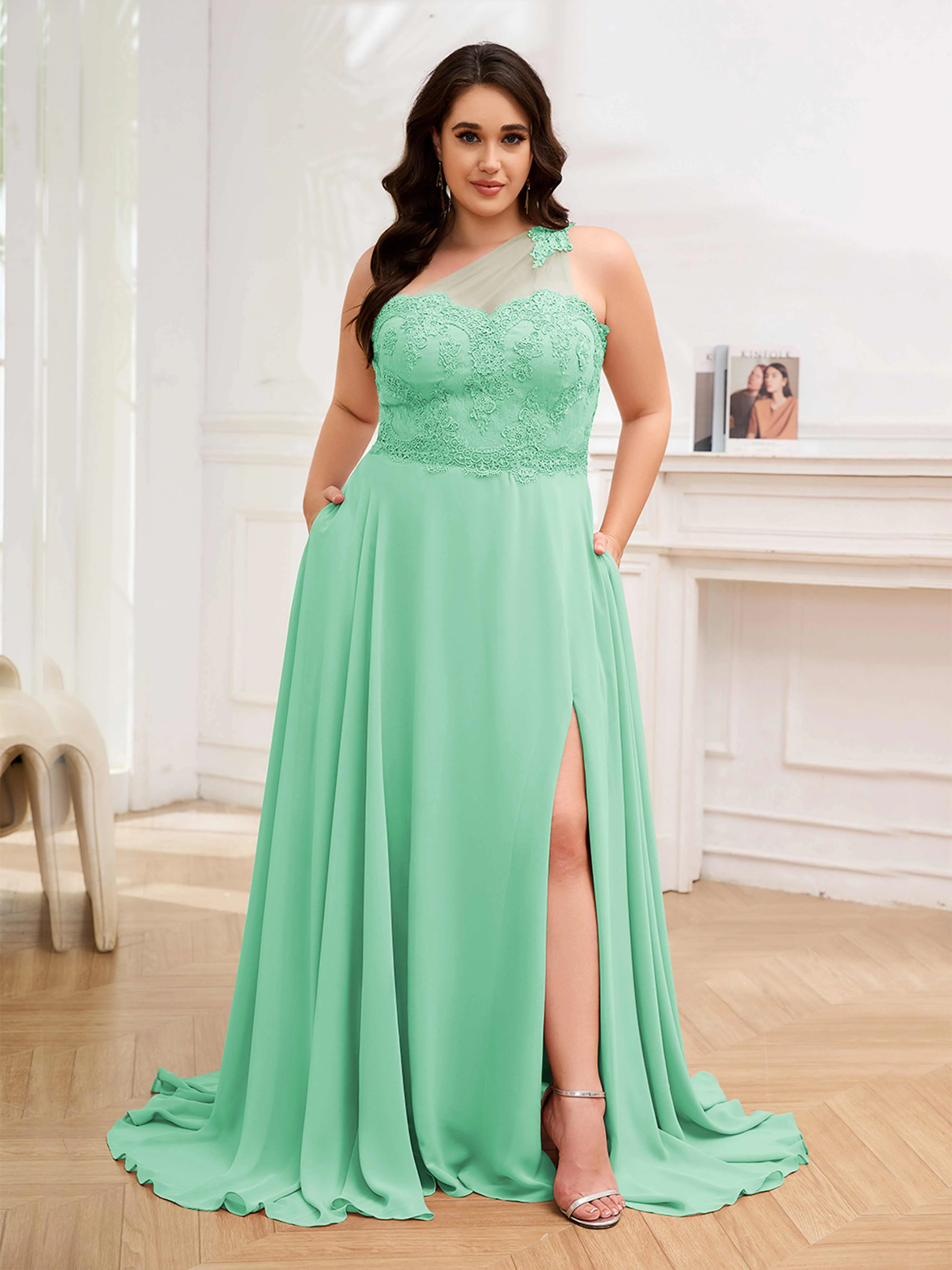 Imani Graceful One Shoulder Slit Long Chiffon Plus Size Bridesmaid Dresses