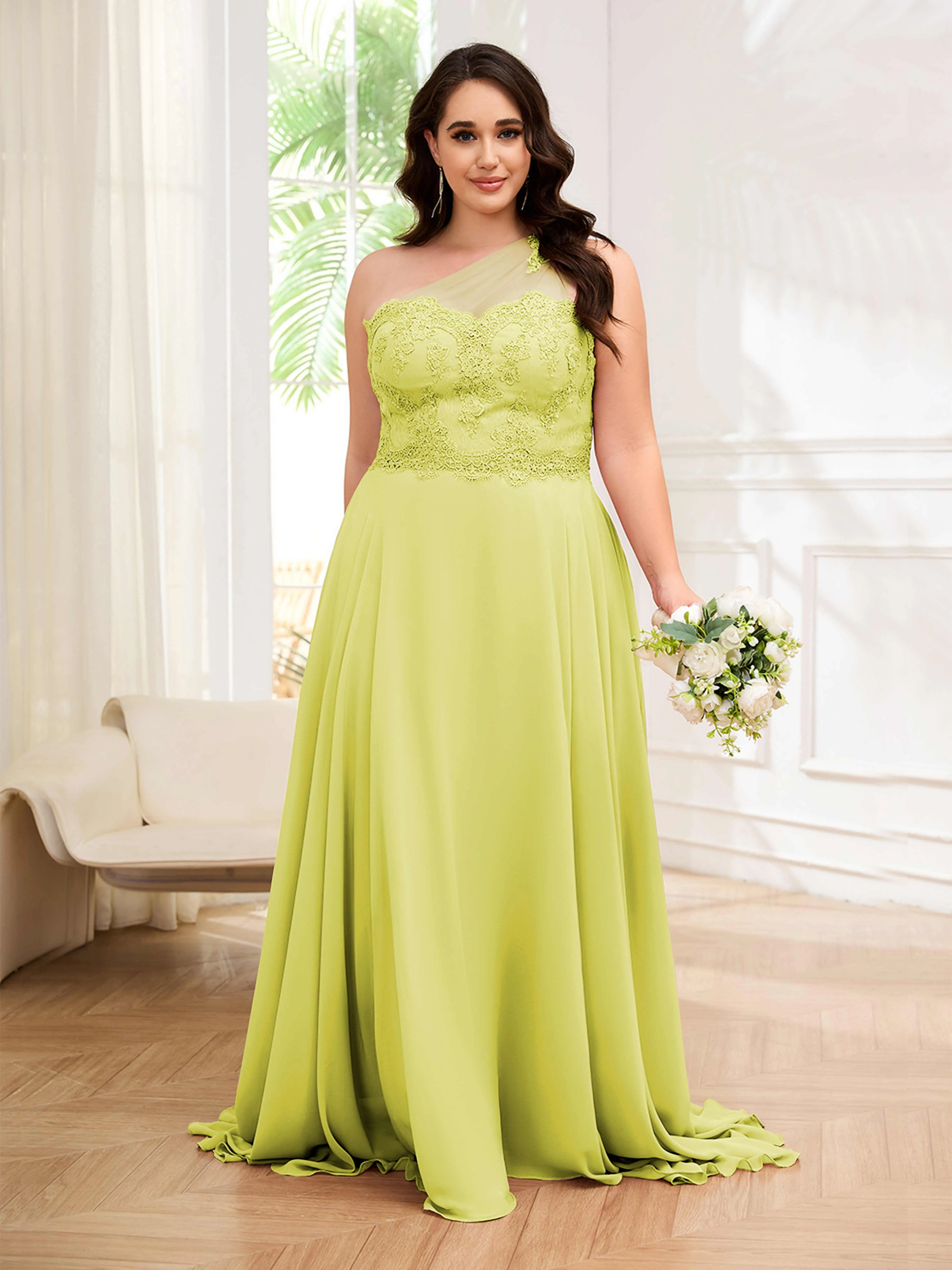 Imani Graceful One Shoulder Slit Long Chiffon Plus Size Bridesmaid Dresses