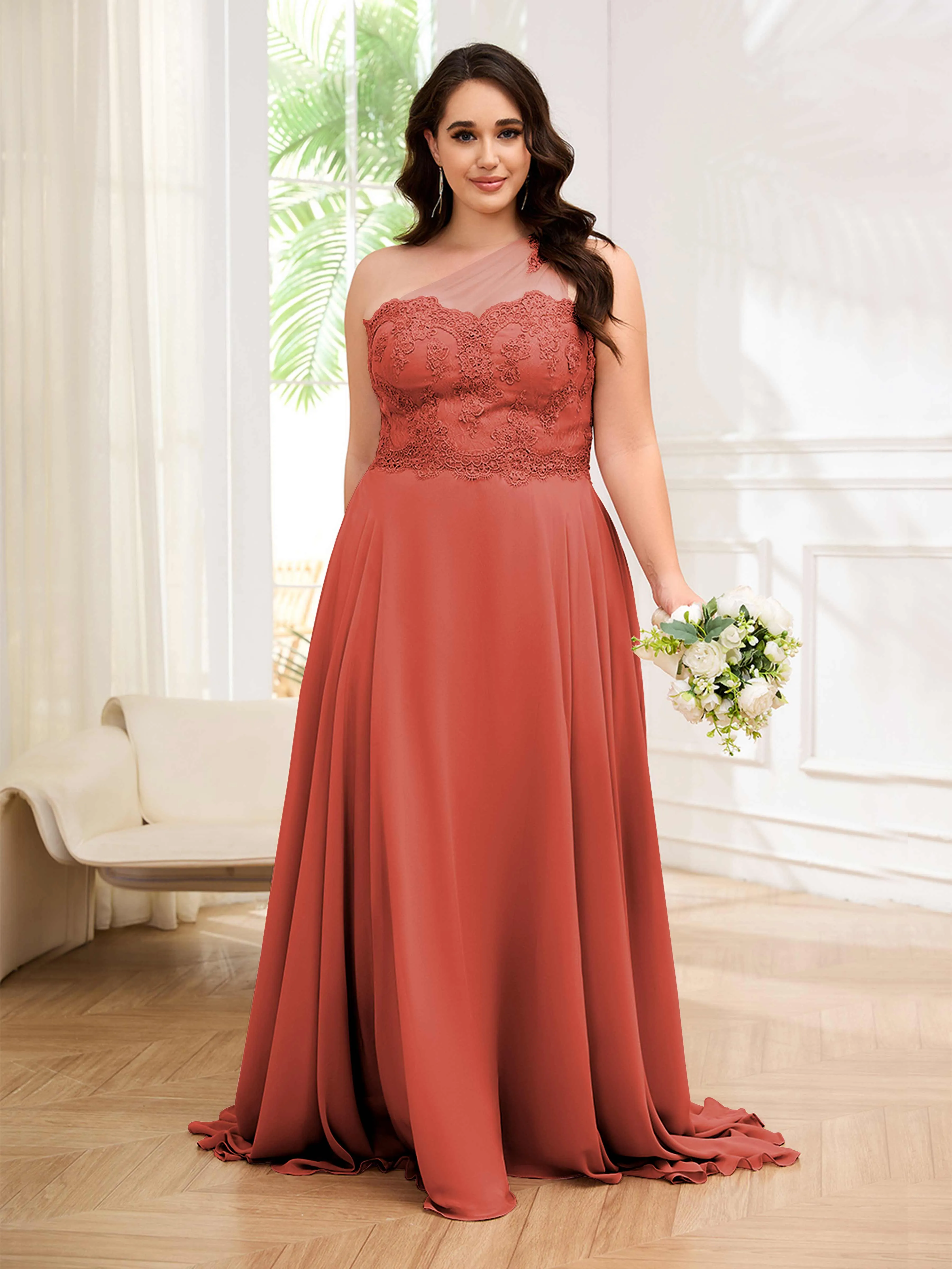Imani Graceful One Shoulder Slit Long Chiffon Plus Size Bridesmaid Dresses