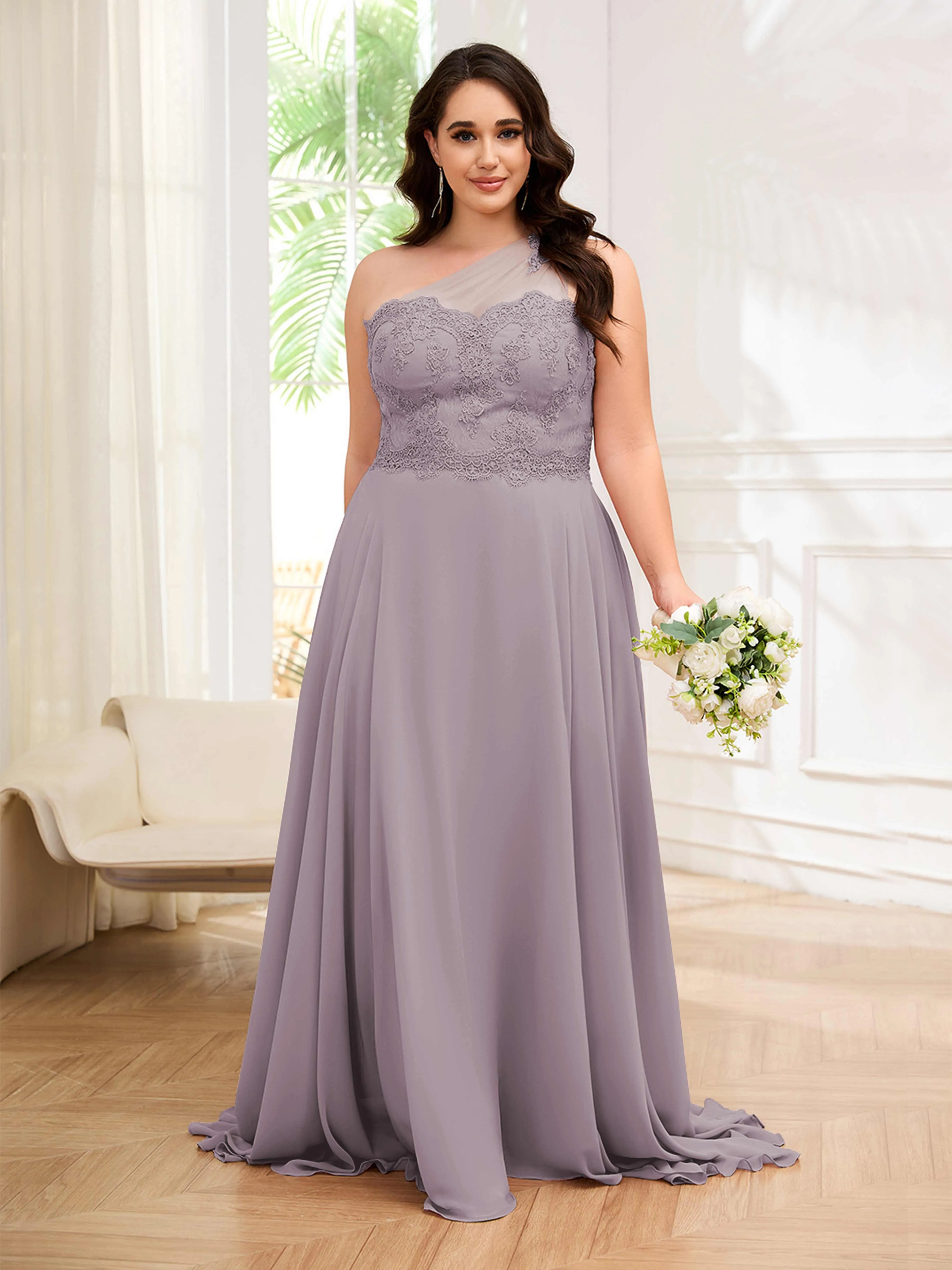 Imani Graceful One Shoulder Slit Long Chiffon Plus Size Bridesmaid Dresses